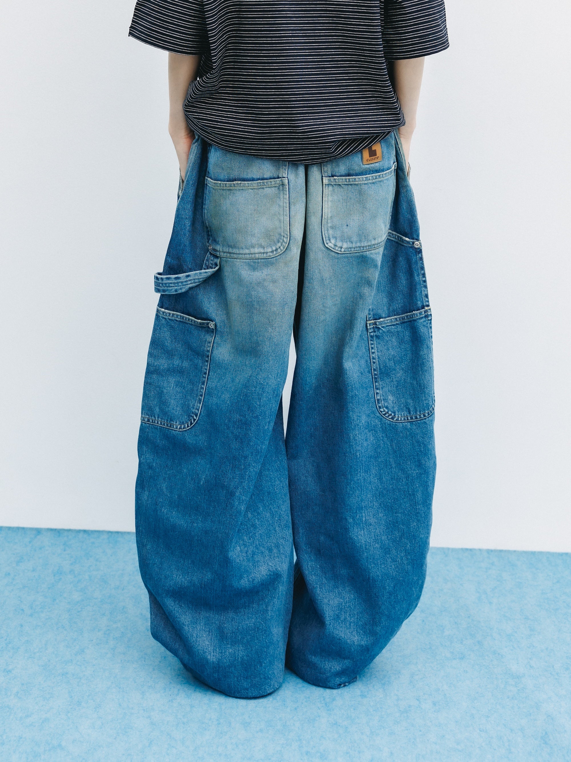VINTAGE DYED SELVEDGE DENIM DOUBLE KNEE CURVED WORKER PANTS (VINTAGE LIGHT INDIGO)