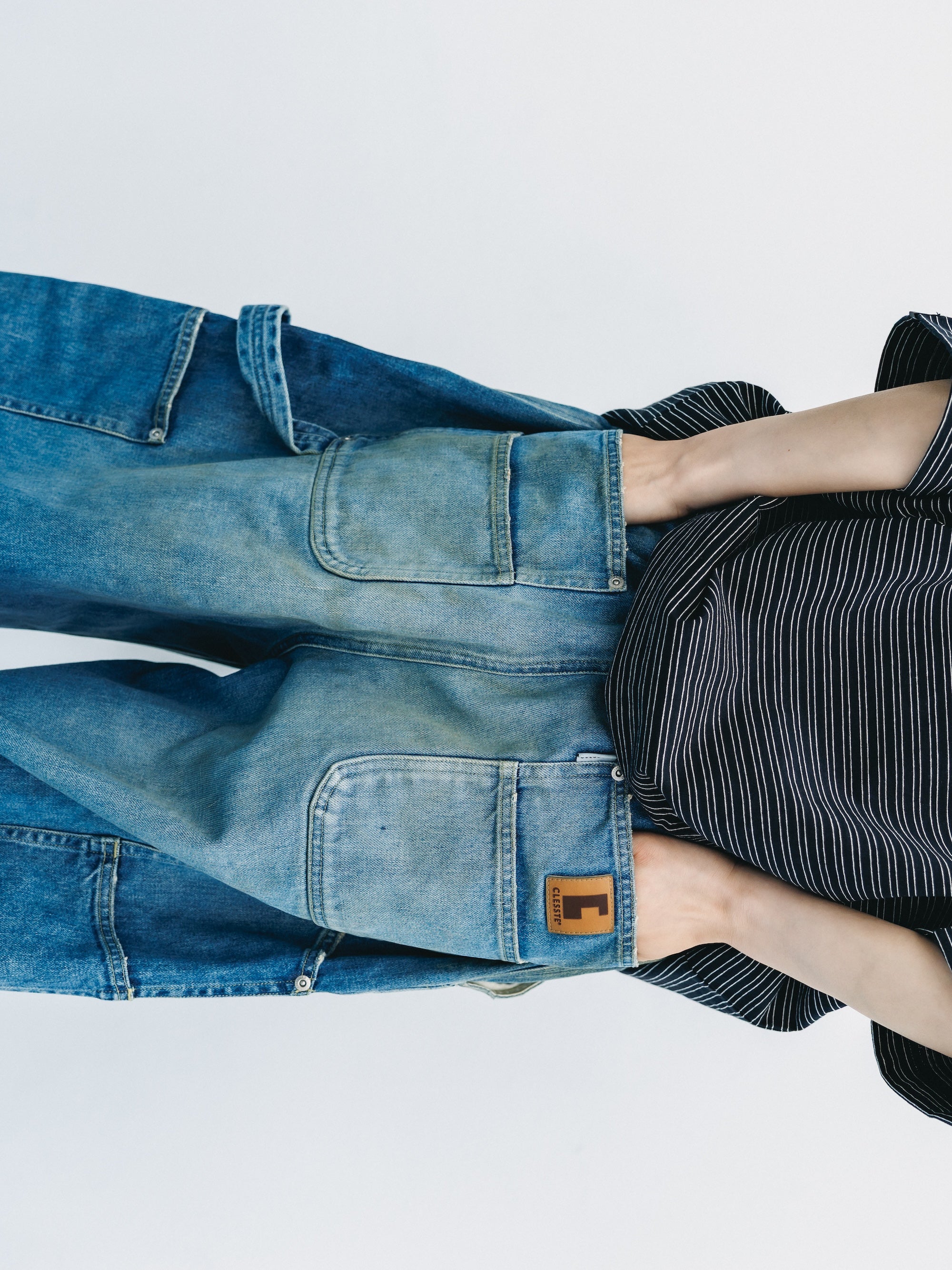 VINTAGE DYED SELVEDGE DENIM DOUBLE KNEE CURVED WORKER PANTS (VINTAGE LIGHT INDIGO)