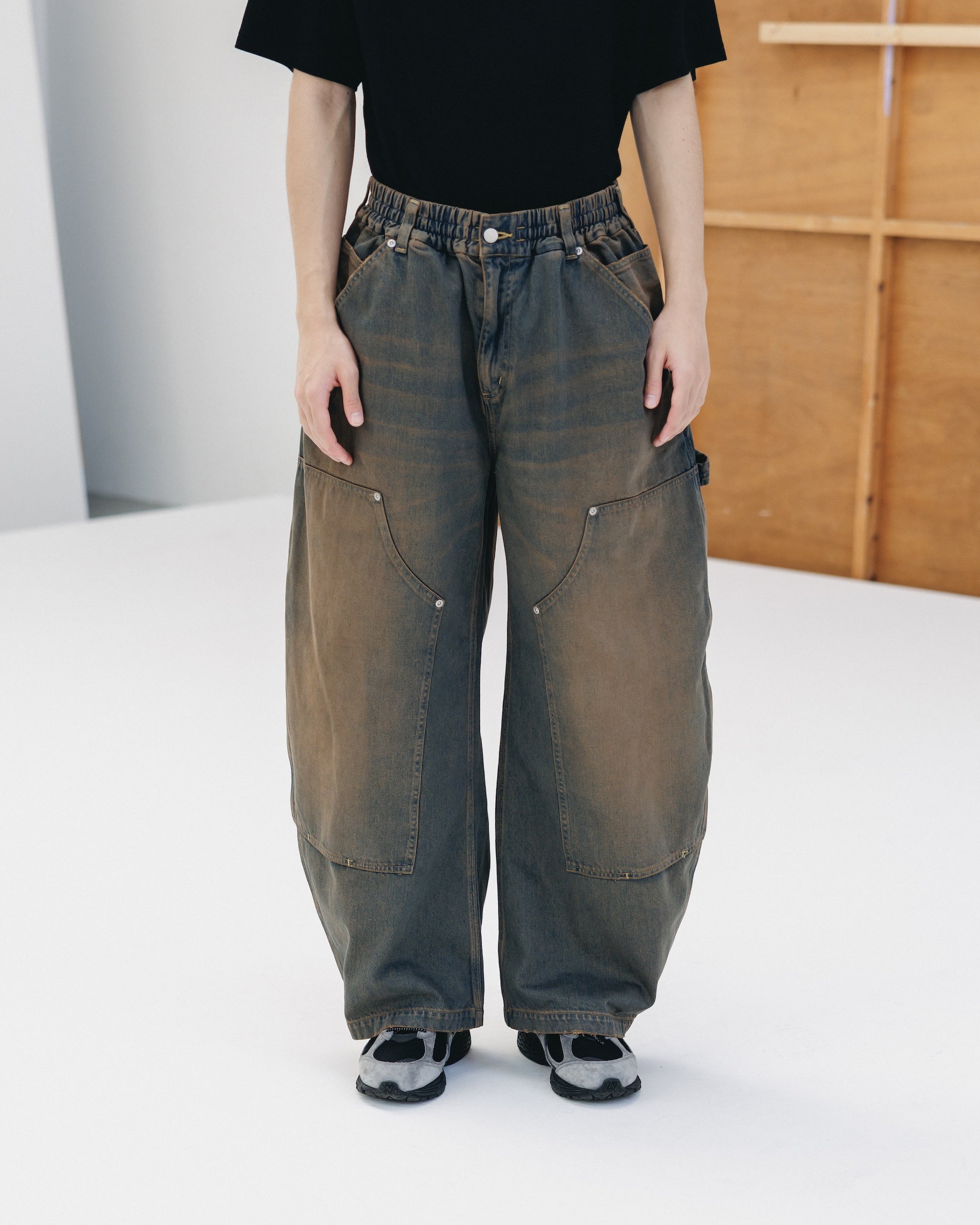 VINTAGE DYED SELVEDGE DENIM DOUBLE KNEE CURVED WORKER PANTS (VINTAGE BROWN)