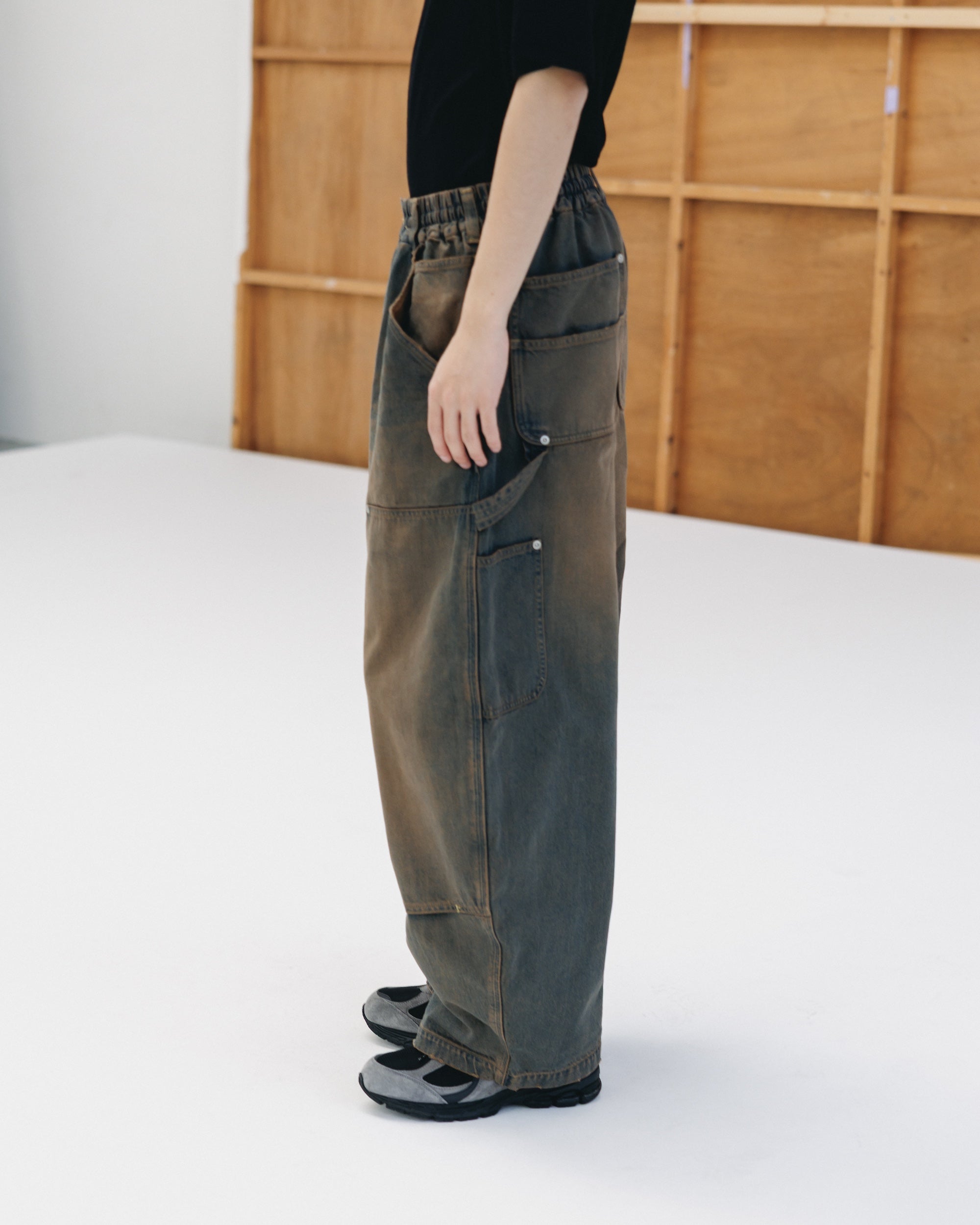 VINTAGE DYED SELVEDGE DENIM DOUBLE KNEE CURVED WORKER PANTS (VINTAGE BROWN)