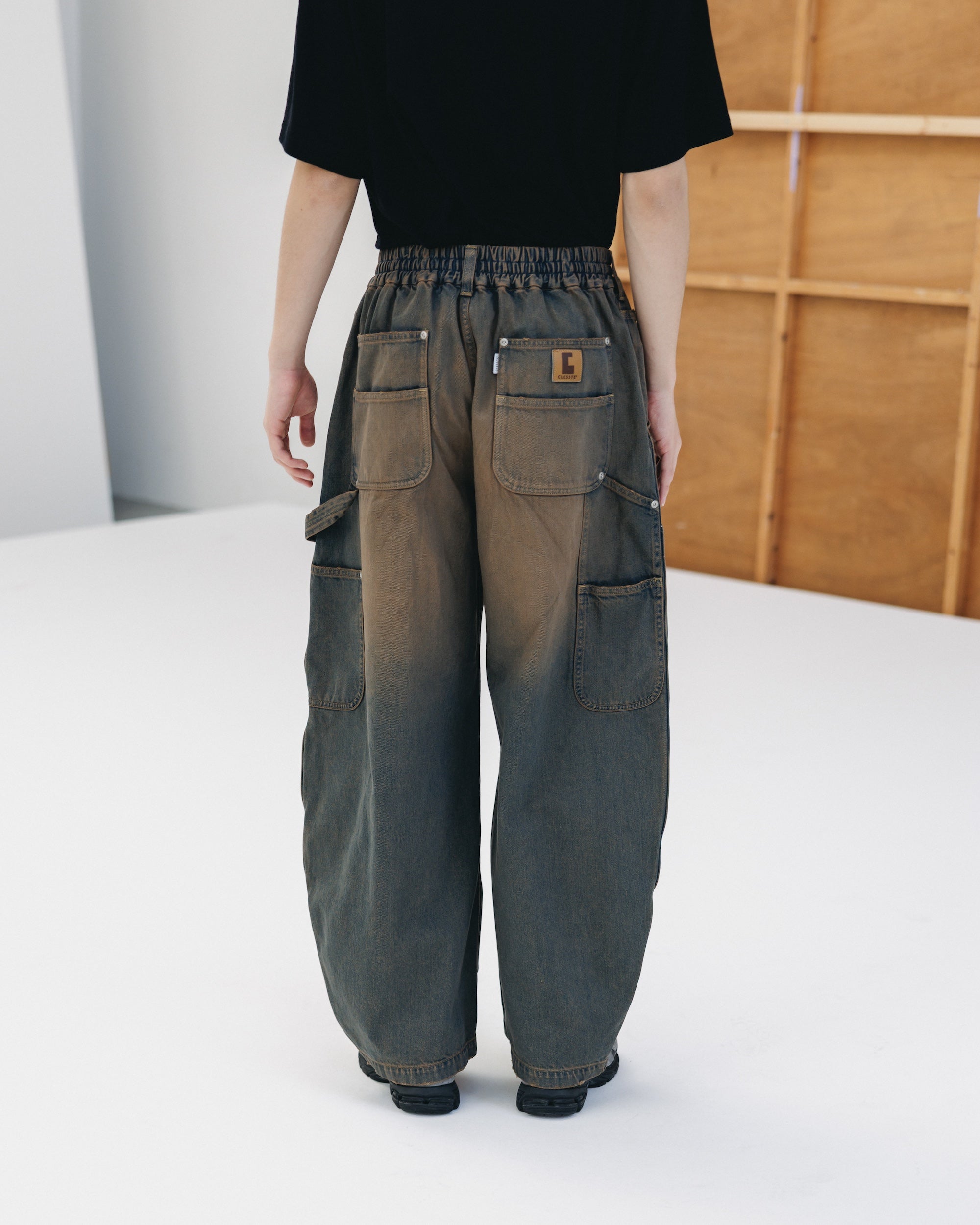 VINTAGE DYED SELVEDGE DENIM DOUBLE KNEE CURVED WORKER PANTS (VINTAGE BROWN)