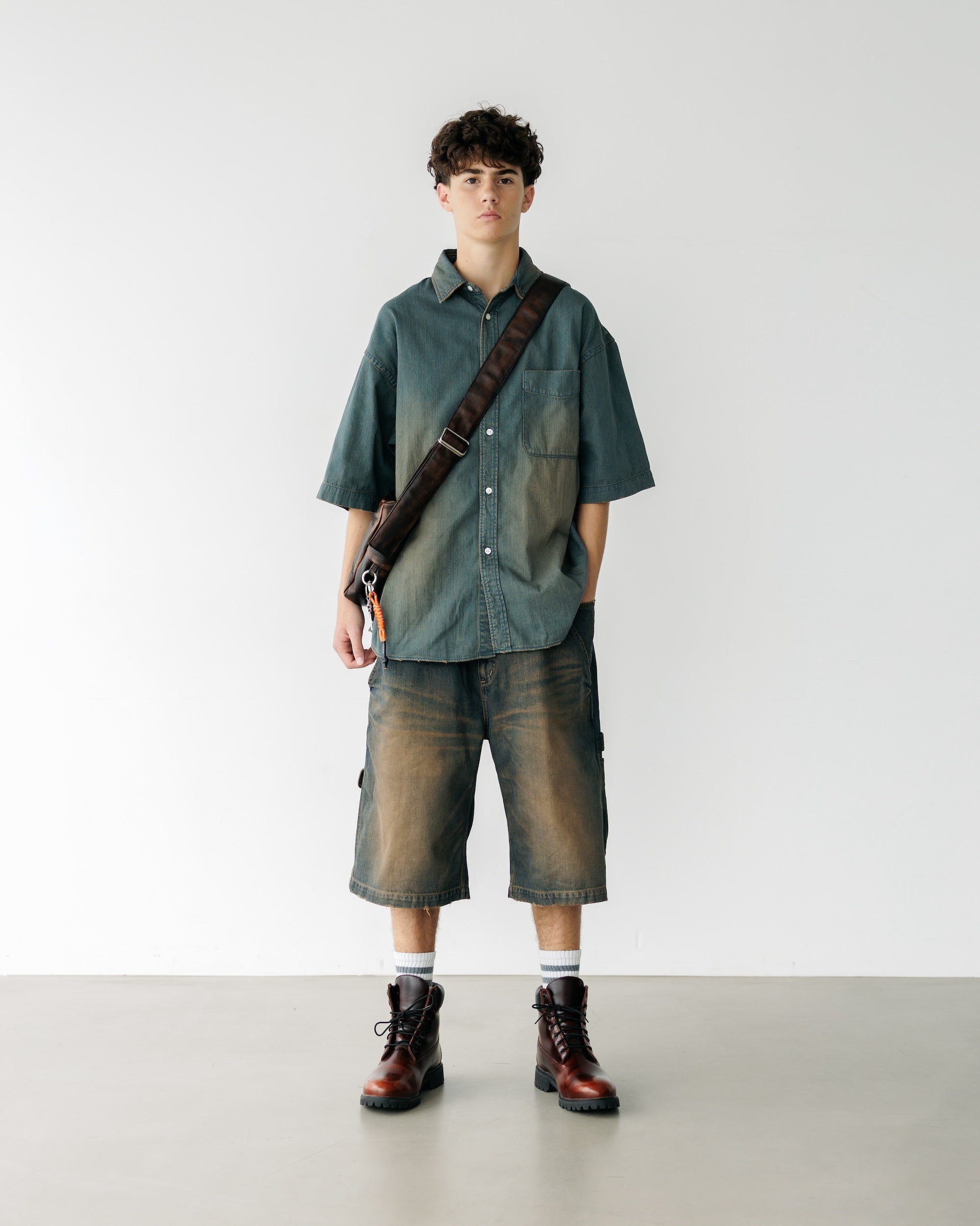 VINTAGE DYED SELVEDGE DENIM WORKER HALF PANTS (VINTAGE BROWN)