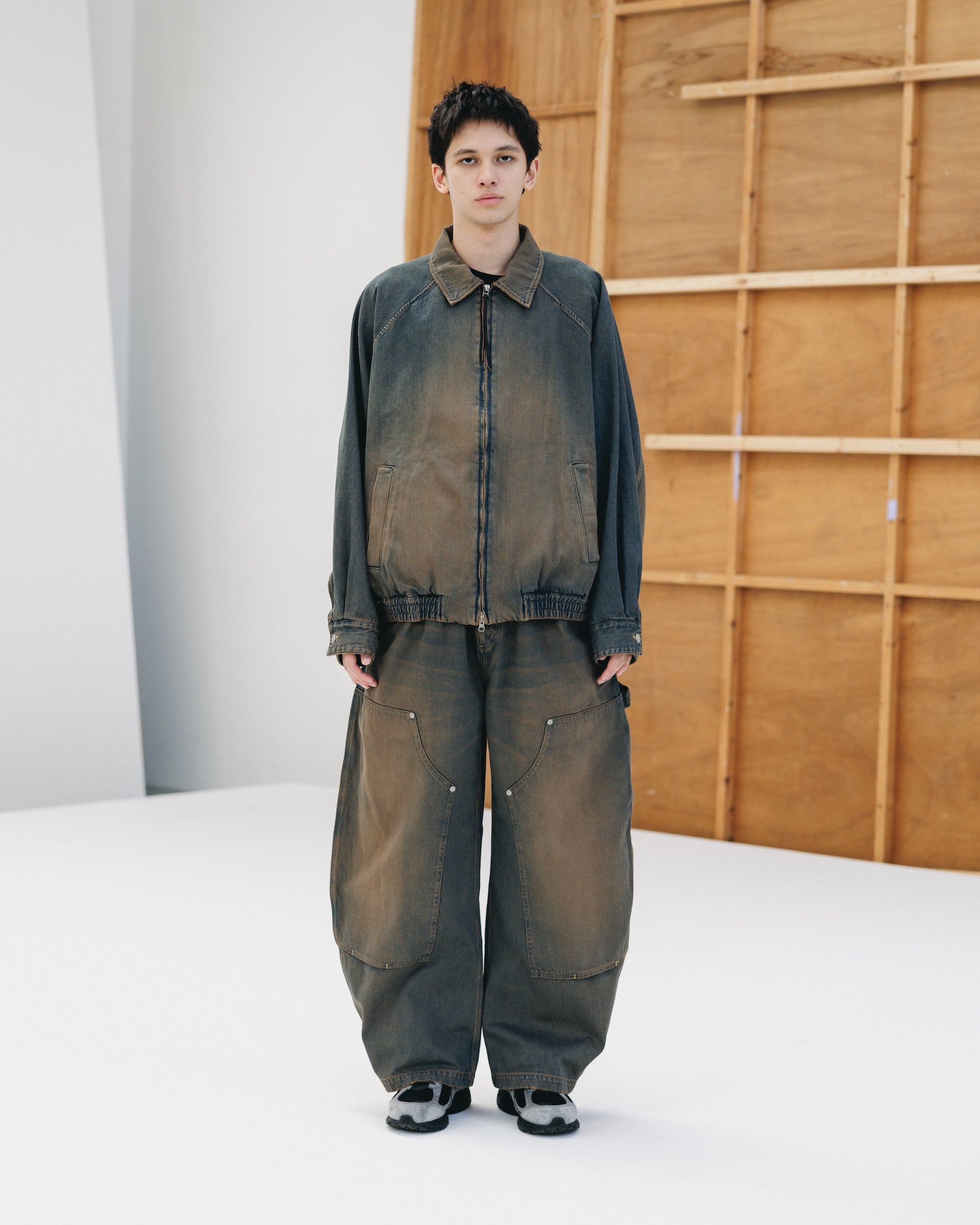 VINTAGE DYED SELVEDGE DENIM DOUBLE KNEE CURVED WORKER PANTS (VINTAGE BROWN)