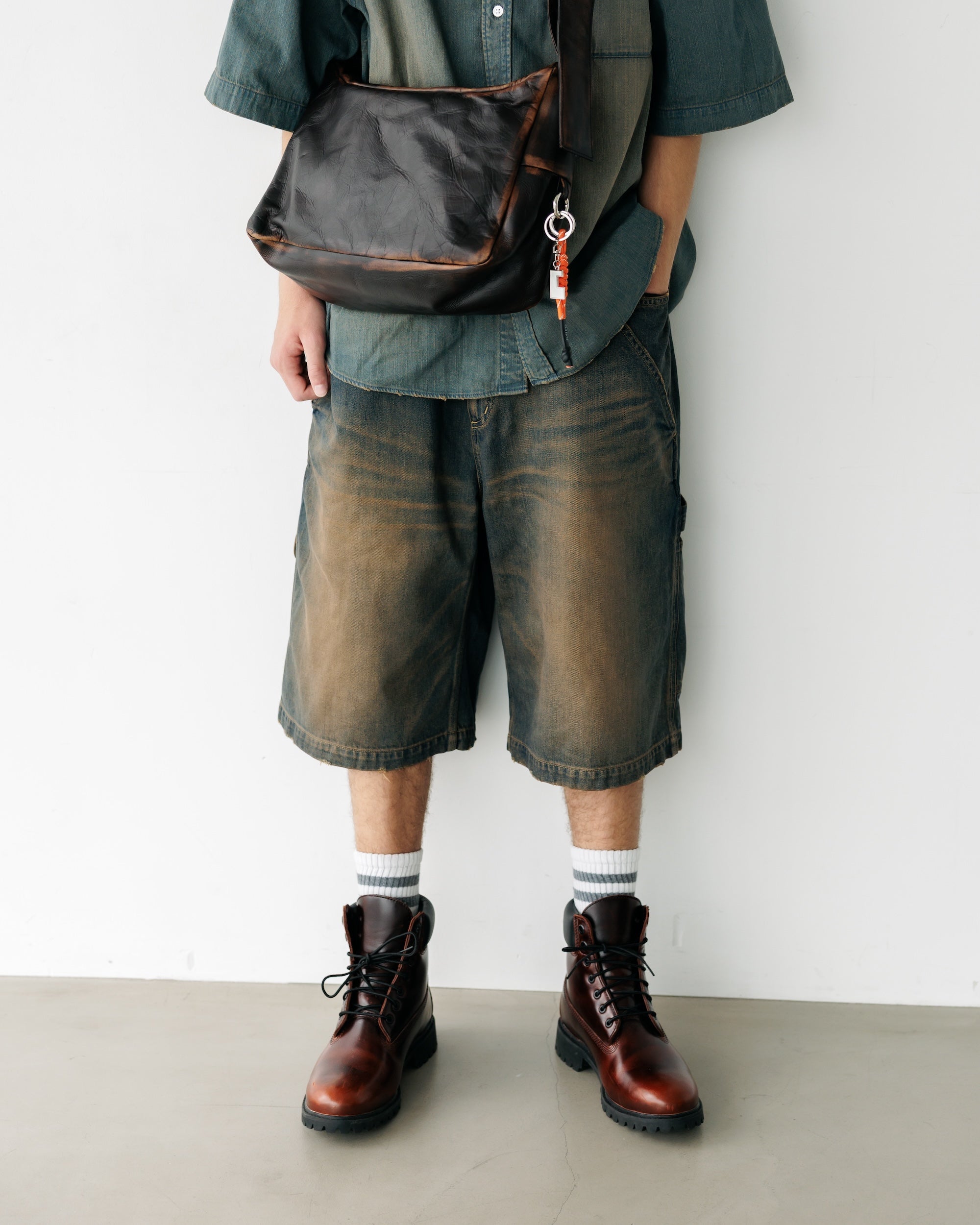 VINTAGE DYED SELVEDGE DENIM WORKER HALF PANTS (VINTAGE BROWN)