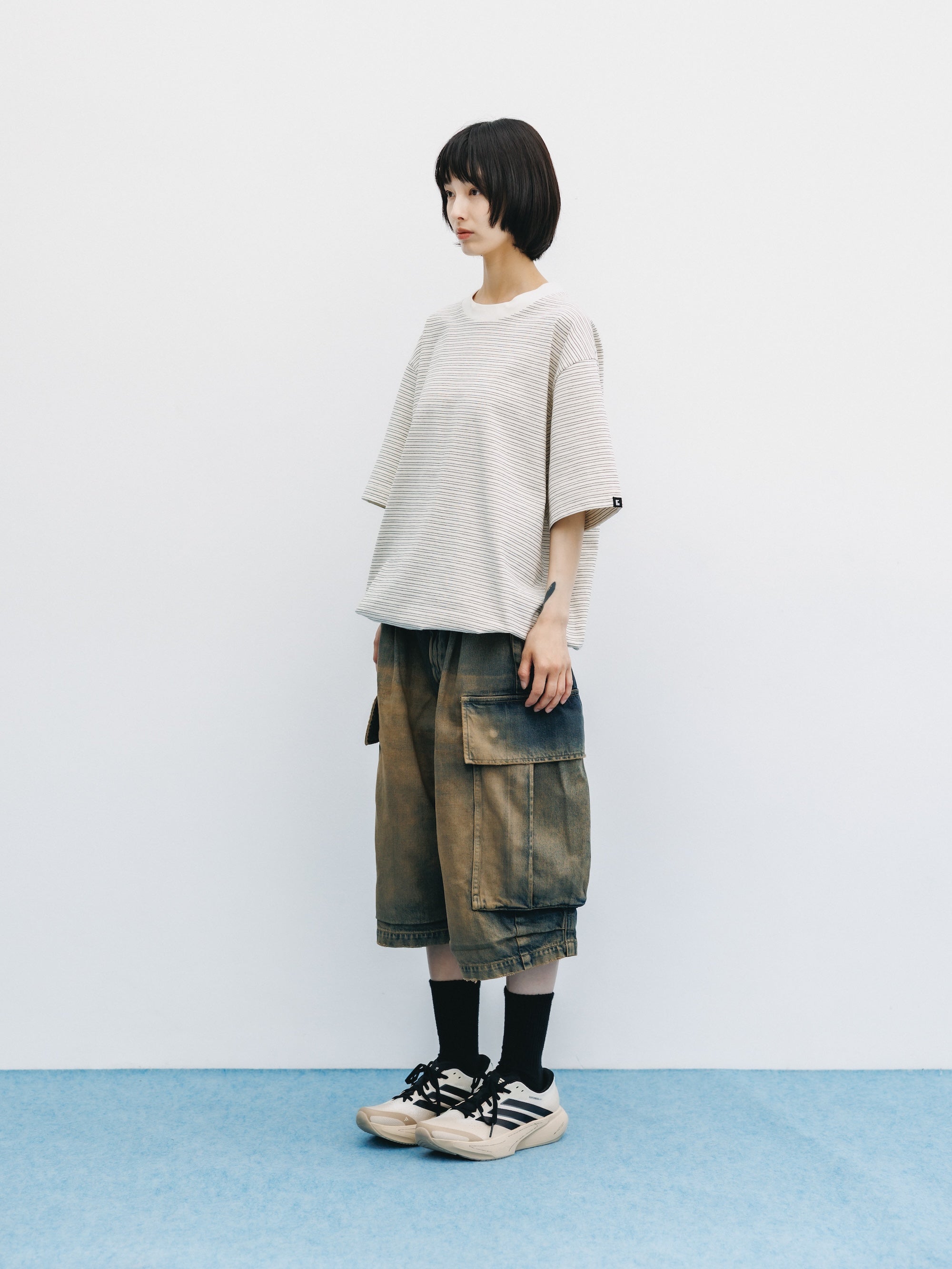 VINTAGE DYED SELVEDGE DENIM CITY MEGA POCKET BALLOON CARGO HALF PANTS (VINTAGE BEIGE)