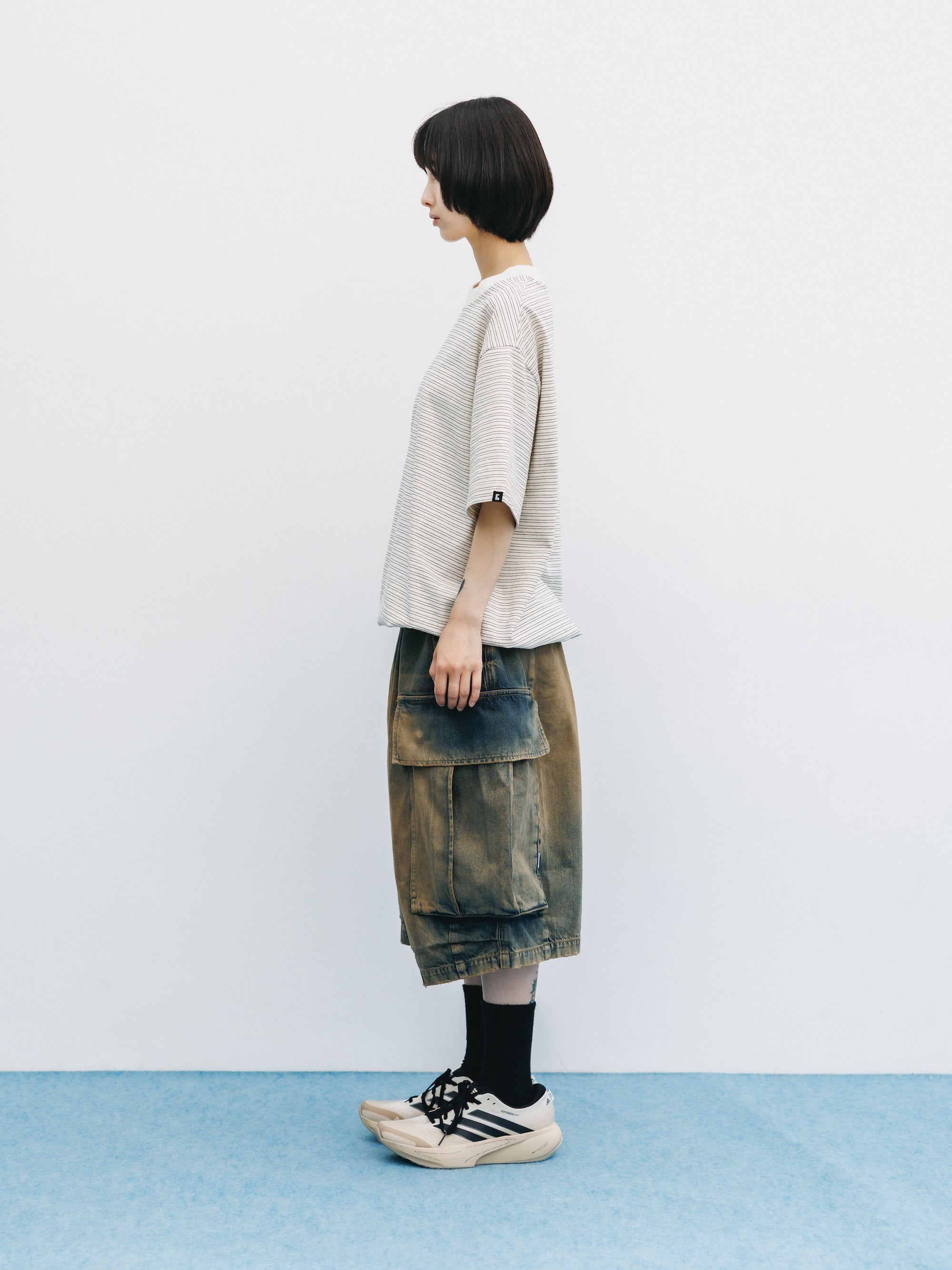 VINTAGE DYED SELVEDGE DENIM CITY MEGA POCKET BALLOON CARGO HALF PANTS (VINTAGE BEIGE)