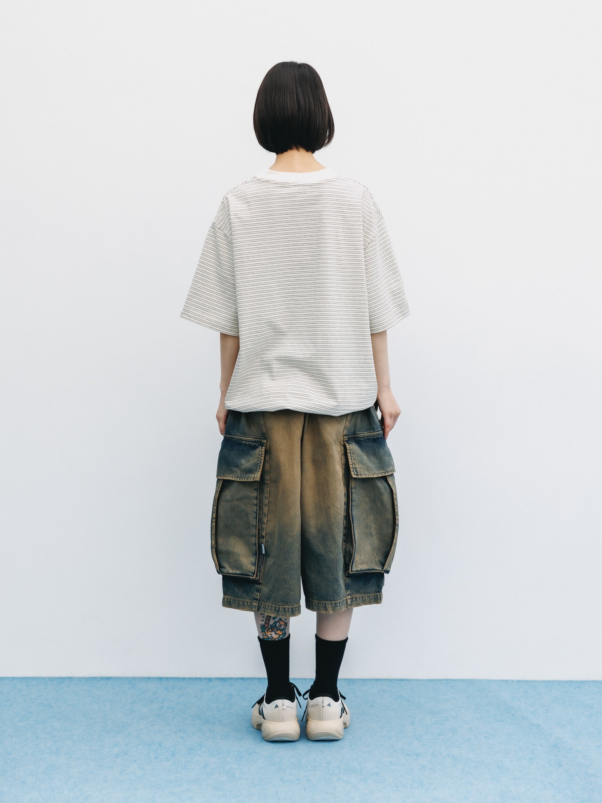 VINTAGE DYED SELVEDGE DENIM CITY MEGA POCKET BALLOON CARGO HALF PANTS (VINTAGE BEIGE)