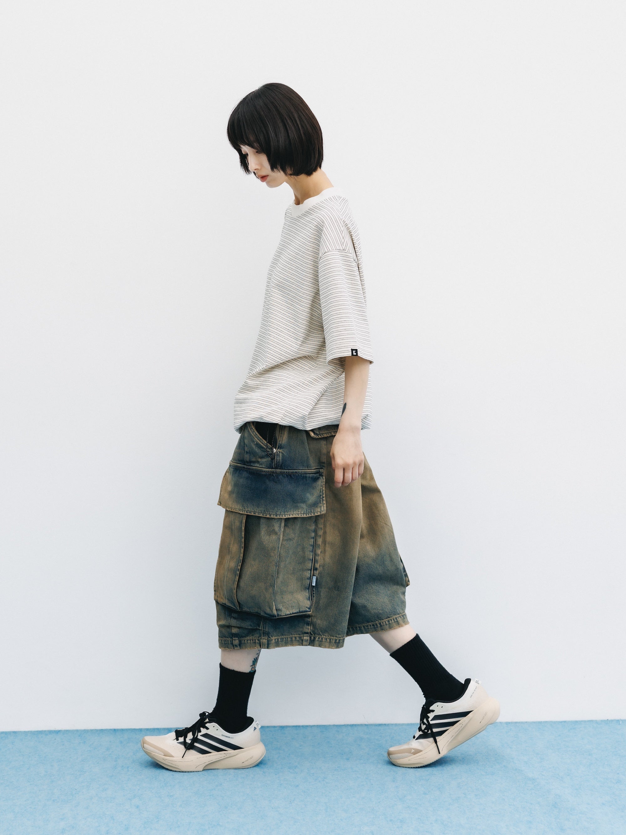 VINTAGE DYED SELVEDGE DENIM CITY MEGA POCKET BALLOON CARGO HALF PANTS (VINTAGE BEIGE)