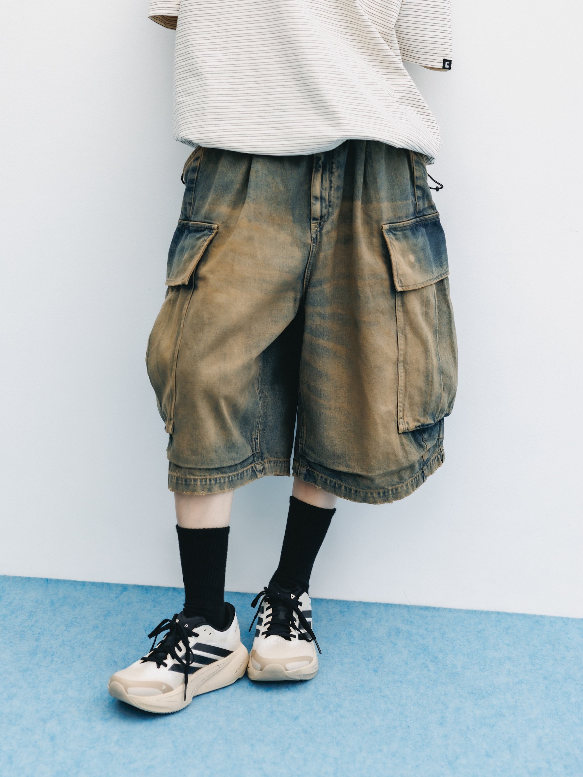 VINTAGE DYED SELVEDGE DENIM CITY MEGA POCKET BALLOON CARGO HALF PANTS (VINTAGE BEIGE)