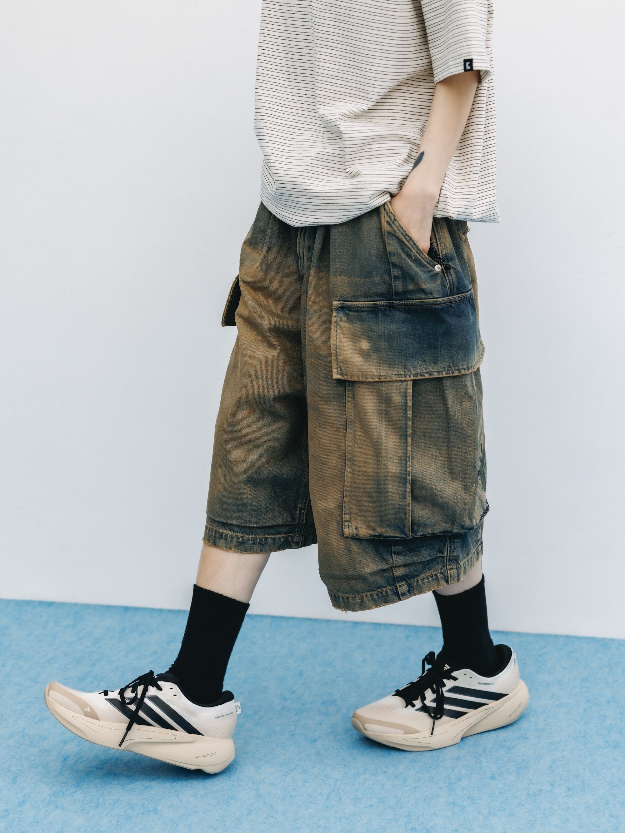 VINTAGE DYED SELVEDGE DENIM CITY MEGA POCKET BALLOON CARGO HALF PANTS (VINTAGE BEIGE)