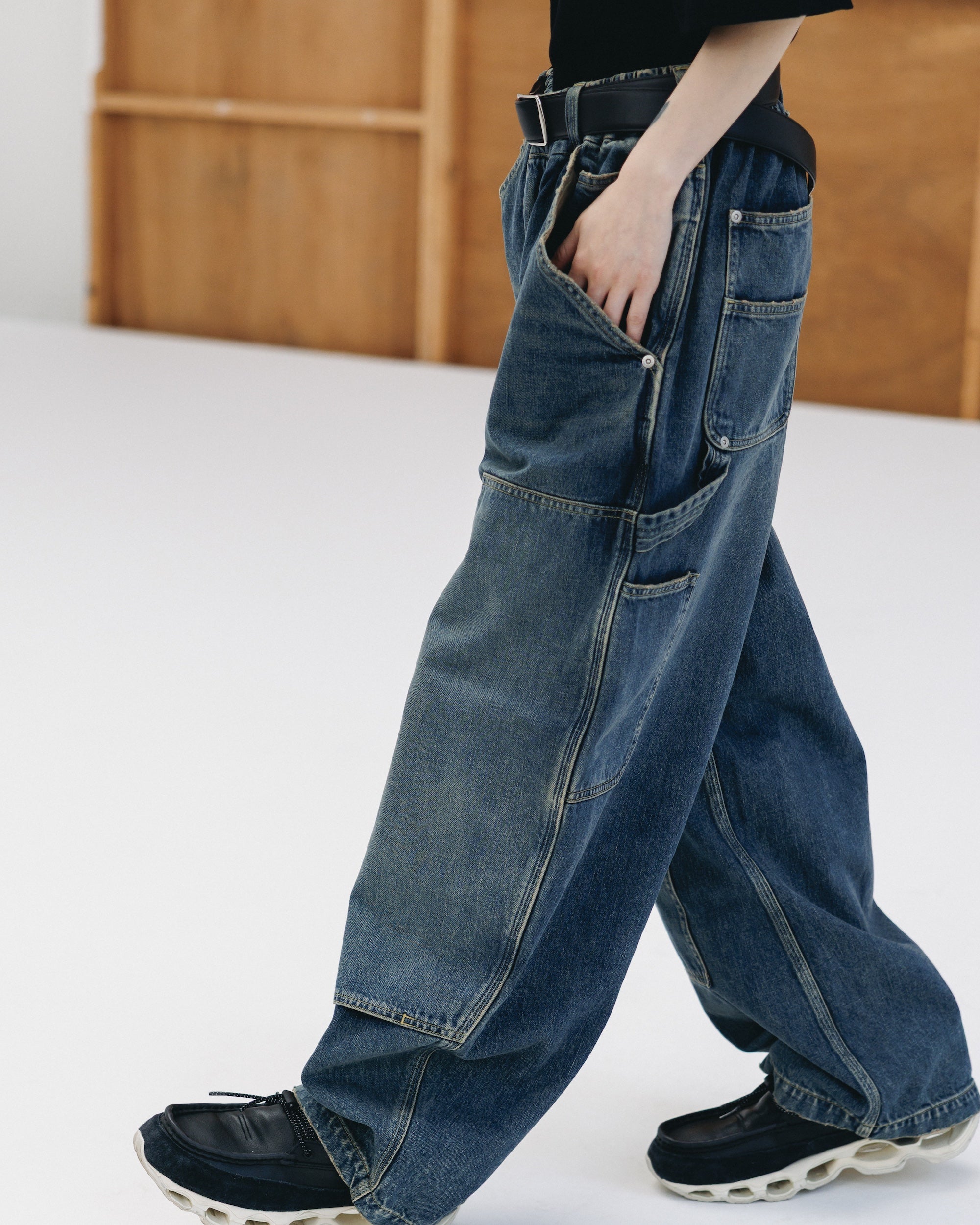 VINTAGE DYED SELVEDGE DENIM DOUBLE KNEE CURVED WORKER PANTS (VINTAGE INDIGO)