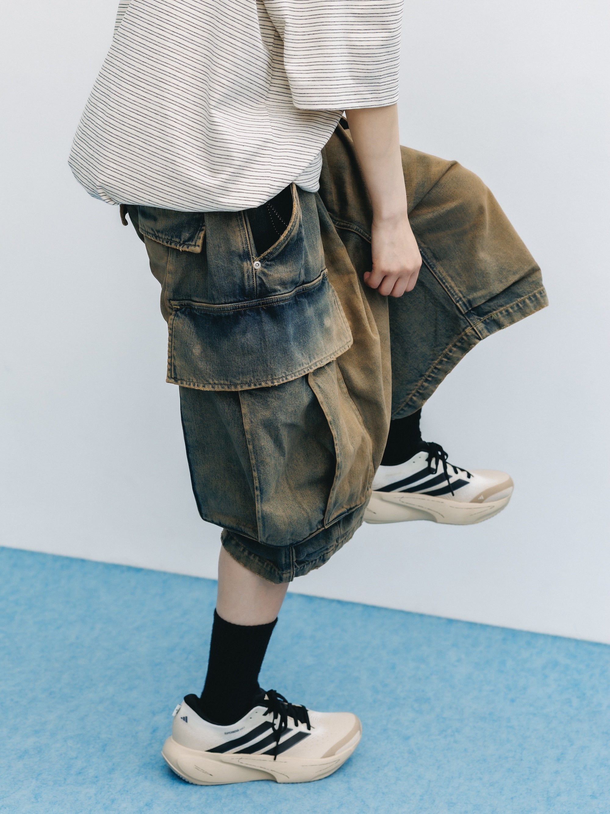 VINTAGE DYED SELVEDGE DENIM CITY MEGA POCKET BALLOON CARGO HALF PANTS (VINTAGE BEIGE)