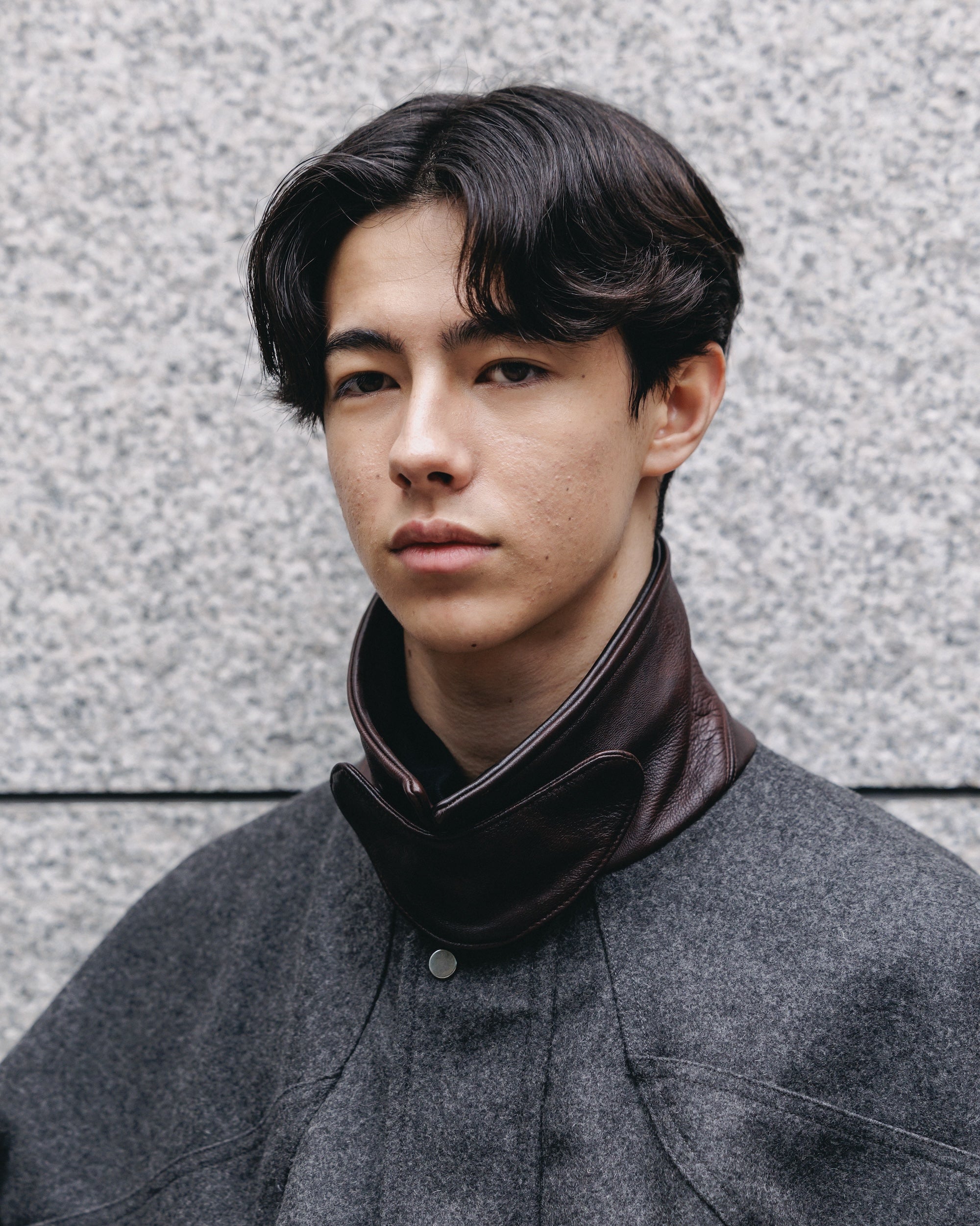 【12.6 SAT 20:00- IN STOCK】LEATHER COLLAR WOOL MELTON FUTURE JACKET (GRAY)