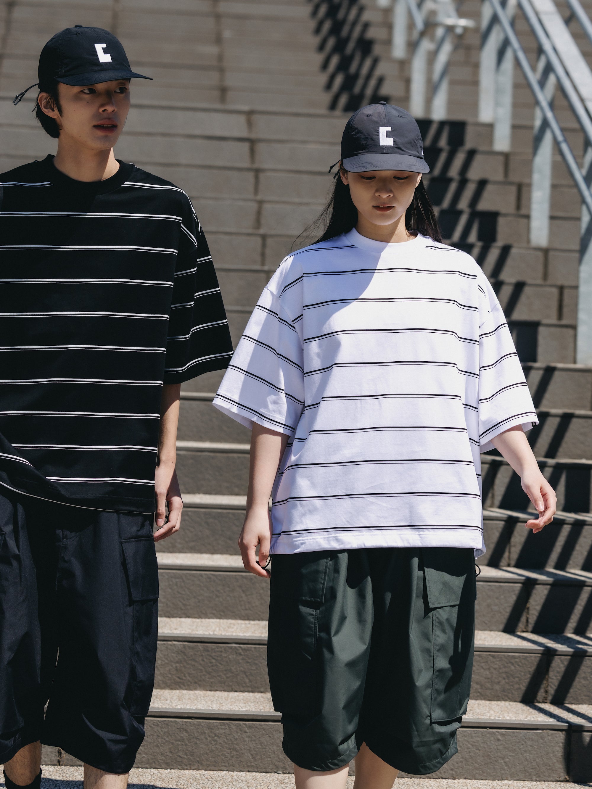 THICK THIN STRIPE S/S T-SHIRT WITH DRAWSTRINGS (WHITE)
