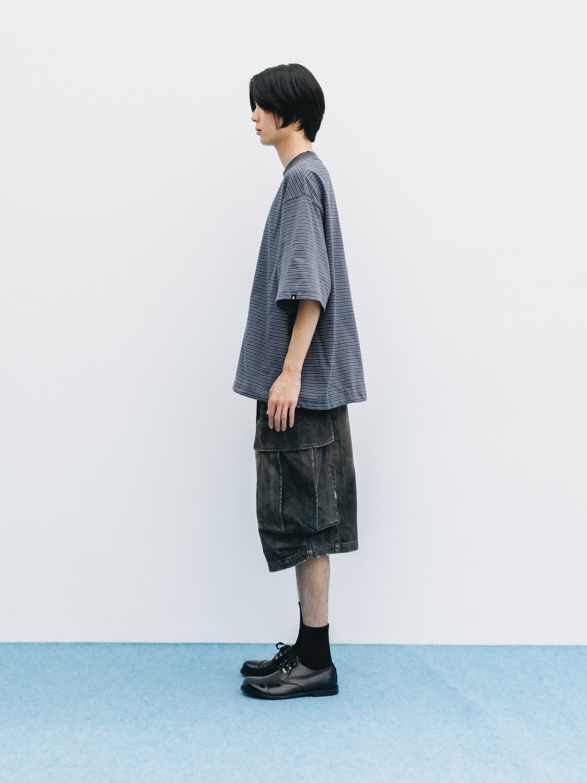 VINTAGE DYED SELVEDGE DENIM CITY MEGA POCKET BALLOON CARGO HALF PANTS (VINTAGE BLACK)