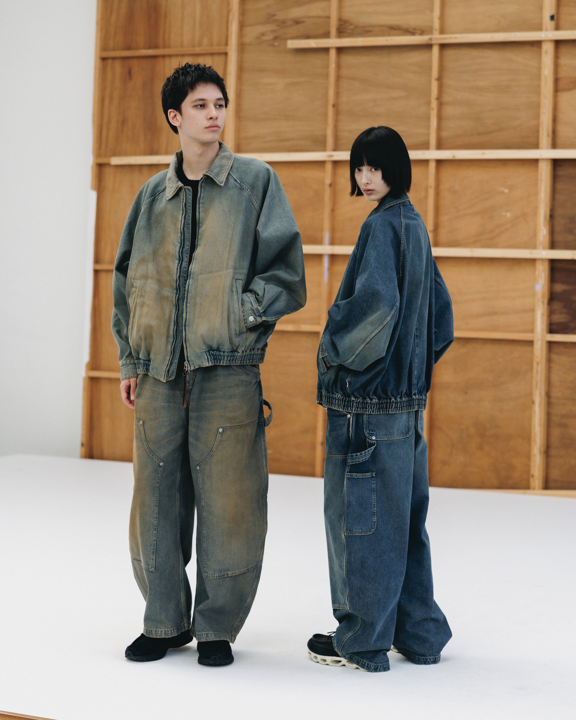 VINTAGE DYED SELVEDGE DENIM DOUBLE KNEE CURVED WORKER PANTS (VINTAGE BEIGE)