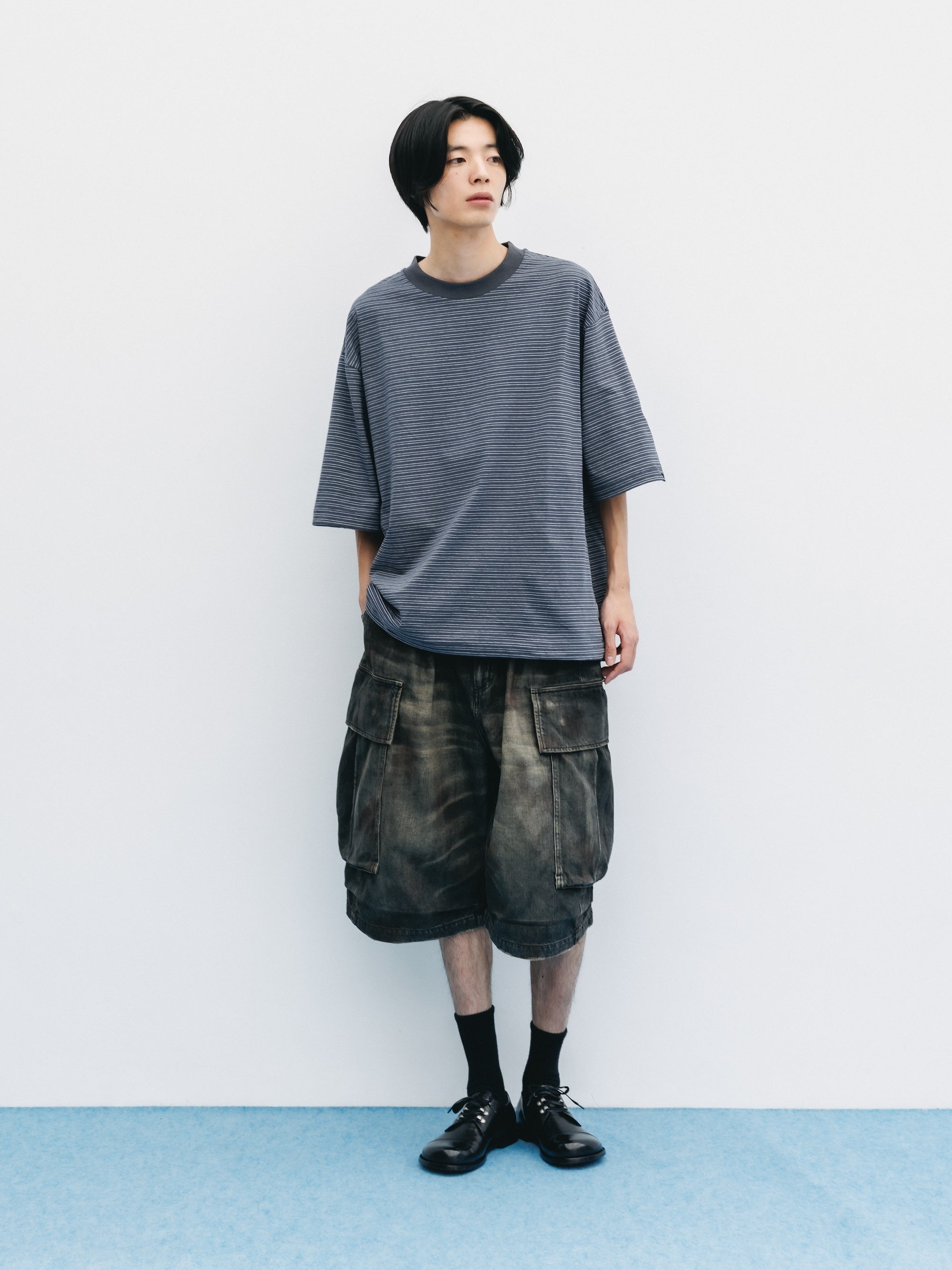 VINTAGE DYED SELVEDGE DENIM CITY MEGA POCKET BALLOON CARGO HALF PANTS (VINTAGE BLACK)