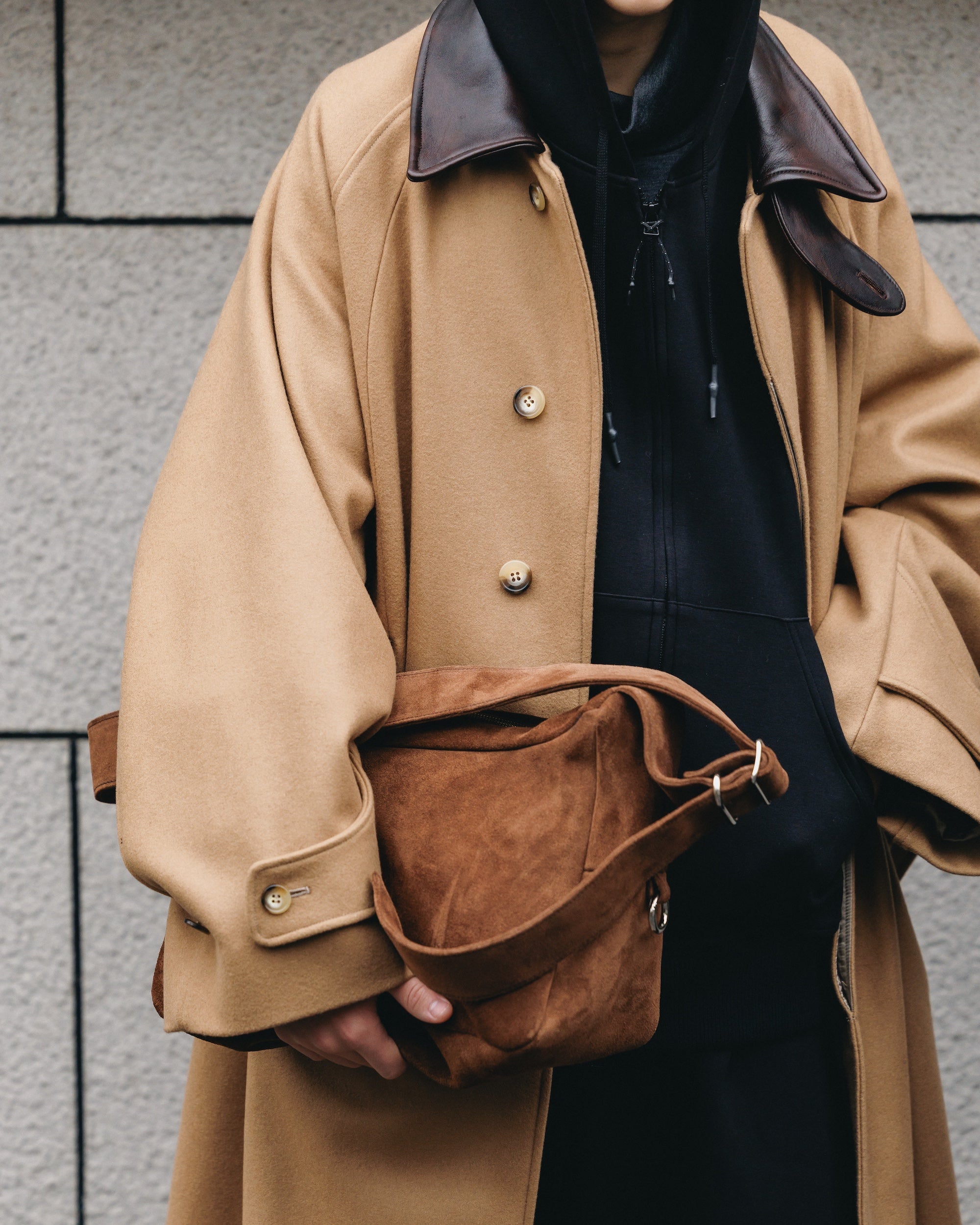 【12.10 WED 20:00- IN STOCK】LEATHER COLLAR WOOL MELTON BALMACAAN COAT (CAMEL)