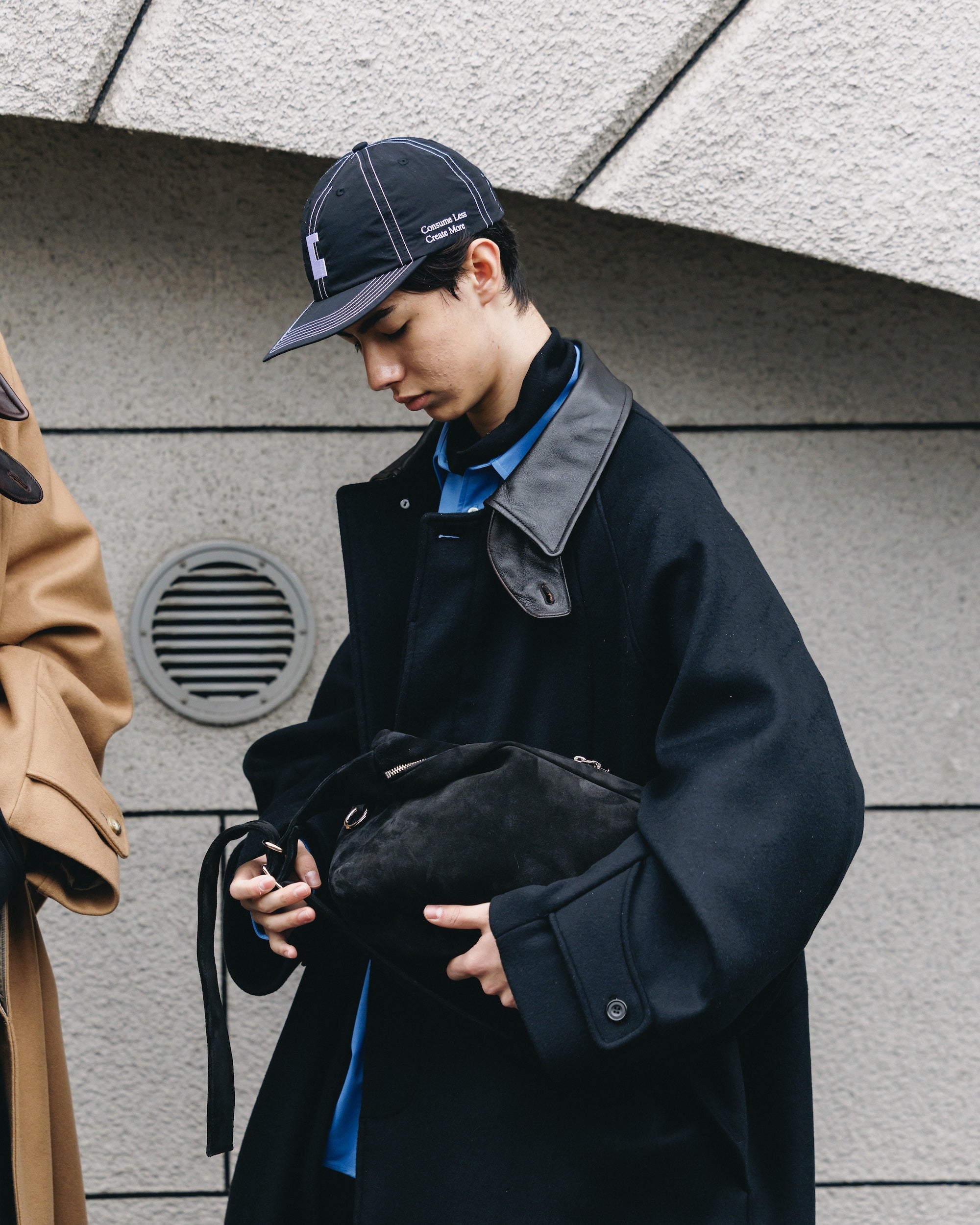 【12.10 WED 20:00- IN STOCK】LEATHER COLLAR WOOL MELTON BALMACAAN COAT (BLACK)