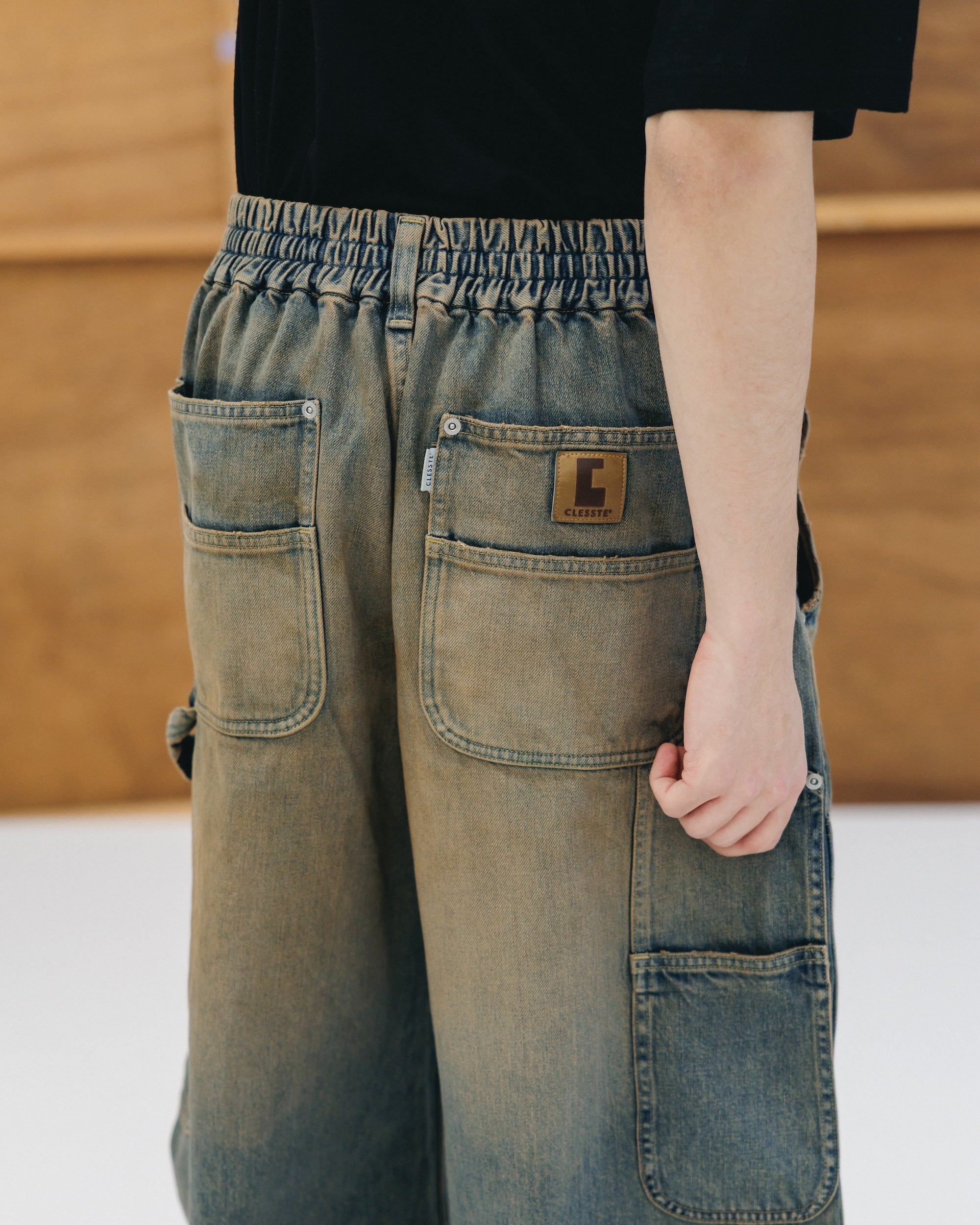 VINTAGE DYED SELVEDGE DENIM DOUBLE KNEE CURVED WORKER PANTS (VINTAGE BEIGE)