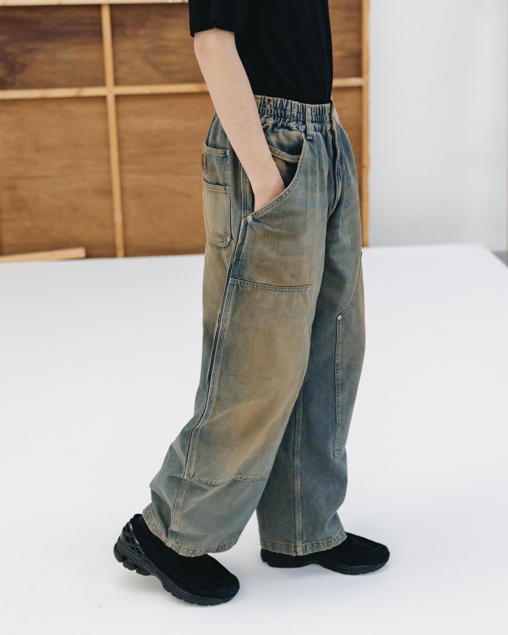 VINTAGE DYED SELVEDGE DENIM DOUBLE KNEE CURVED WORKER PANTS (VINTAGE BEIGE)