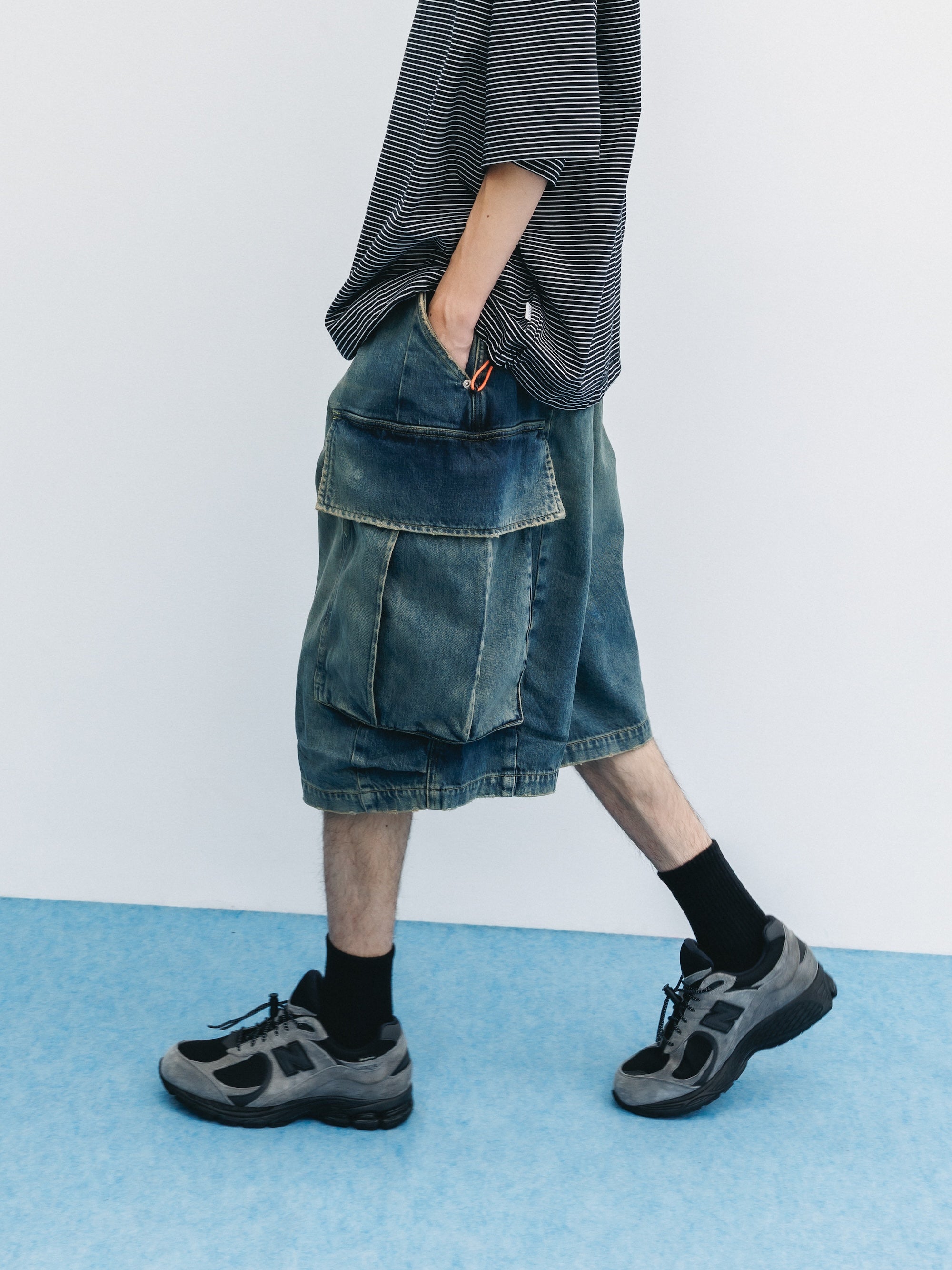 VINTAGE DYED SELVEDGE DENIM CITY MEGA POCKET BALLOON CARGO HALF PANTS (VINTAGE INDIGO)