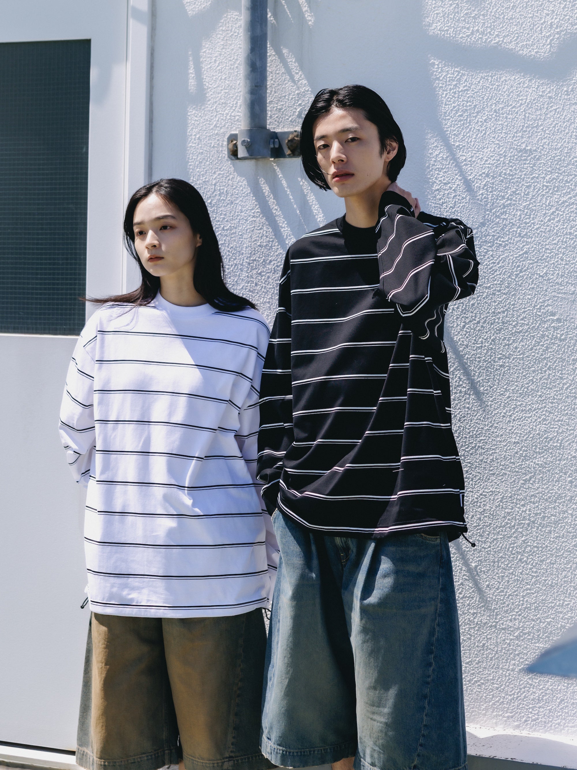 THICK THIN STRIPE L/S T-SHIRT WITH DRAWSTRINGS (BLACK)