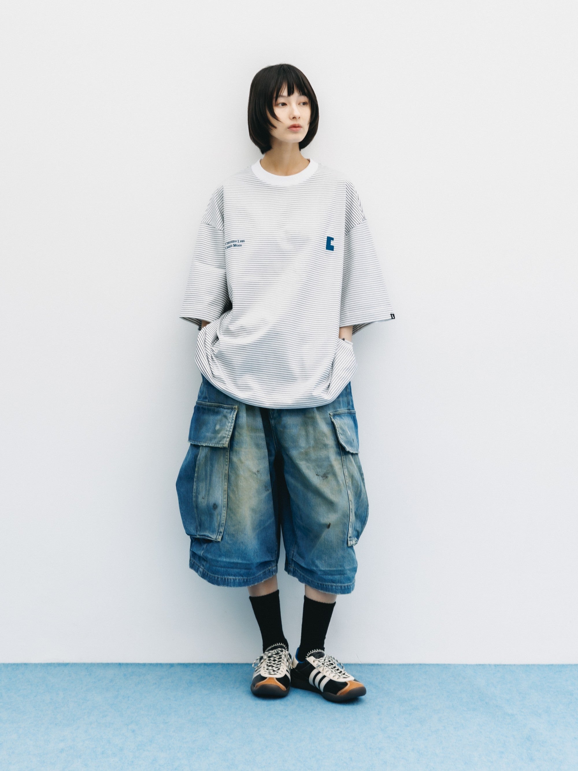 【6.13 SAT 20:00- IN STOCK】"C×CONCEPT" STRIPED S/S T-SHIRT WITH DRAWSTRINGS (WHITE×BLACK)
