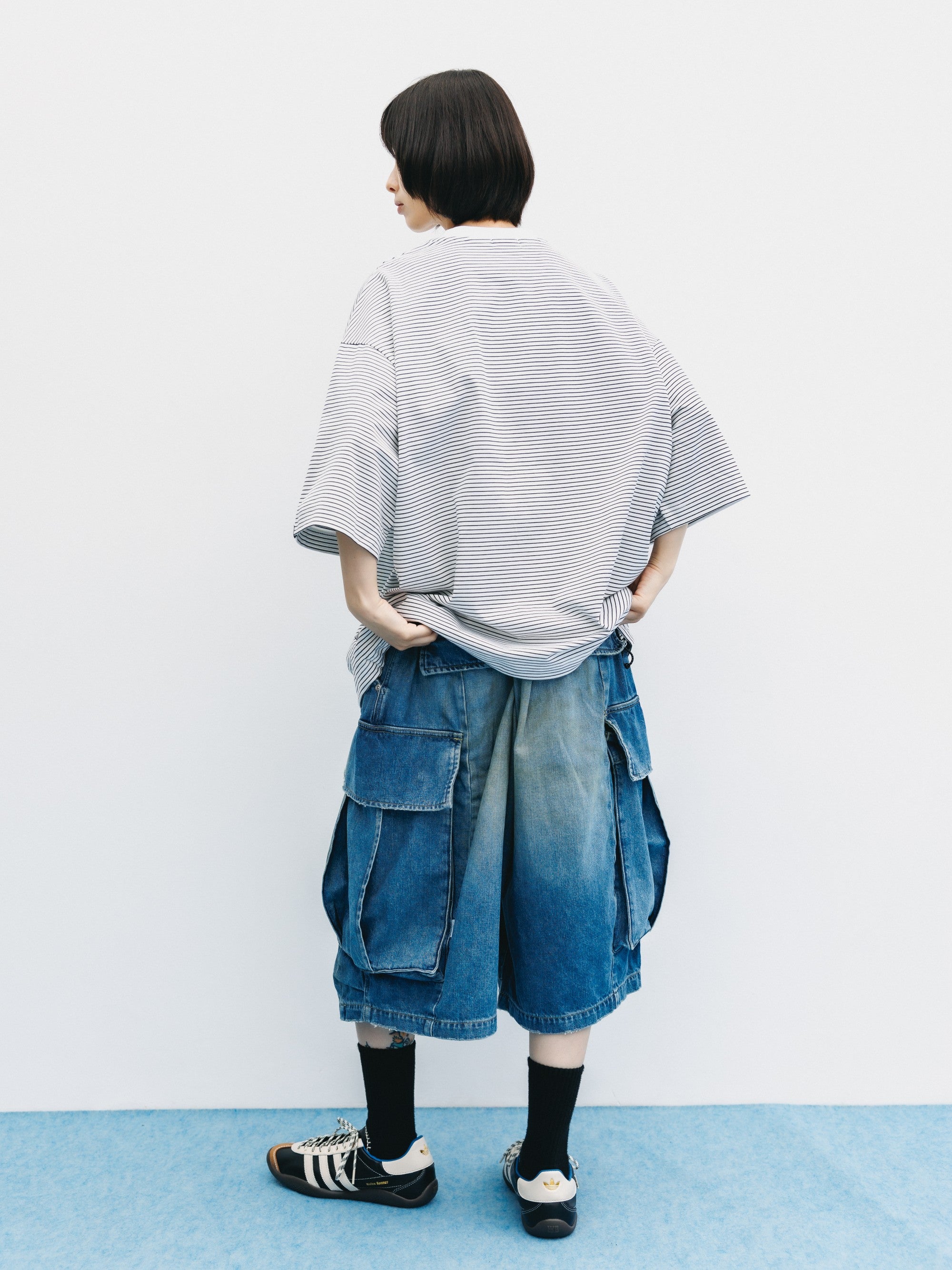 【6.13 SAT 20:00- IN STOCK】"C×CONCEPT" STRIPED S/S T-SHIRT WITH DRAWSTRINGS (WHITE×BLACK)