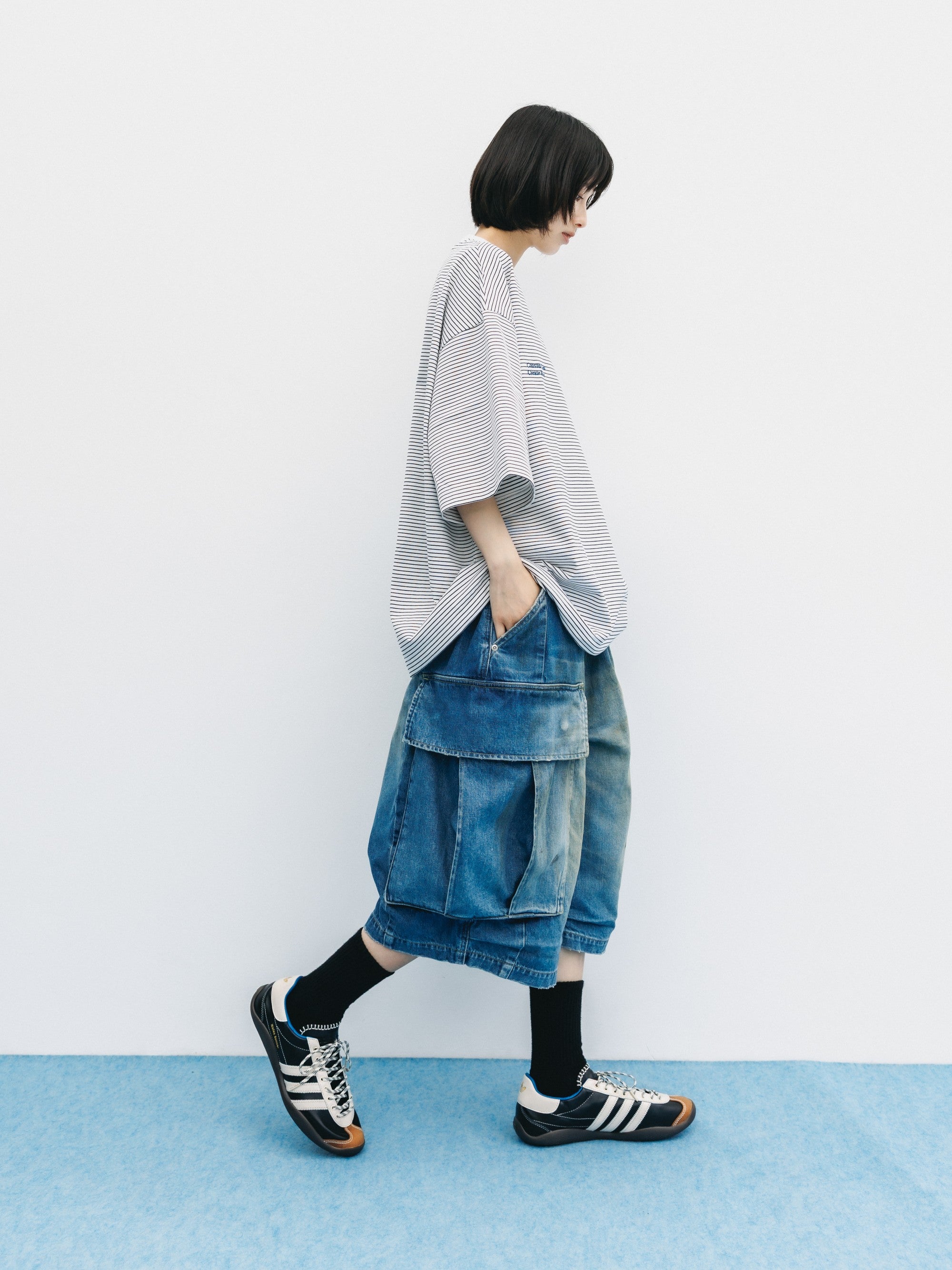 【6.13 SAT 20:00- IN STOCK】"C×CONCEPT" STRIPED S/S T-SHIRT WITH DRAWSTRINGS (WHITE×BLACK)