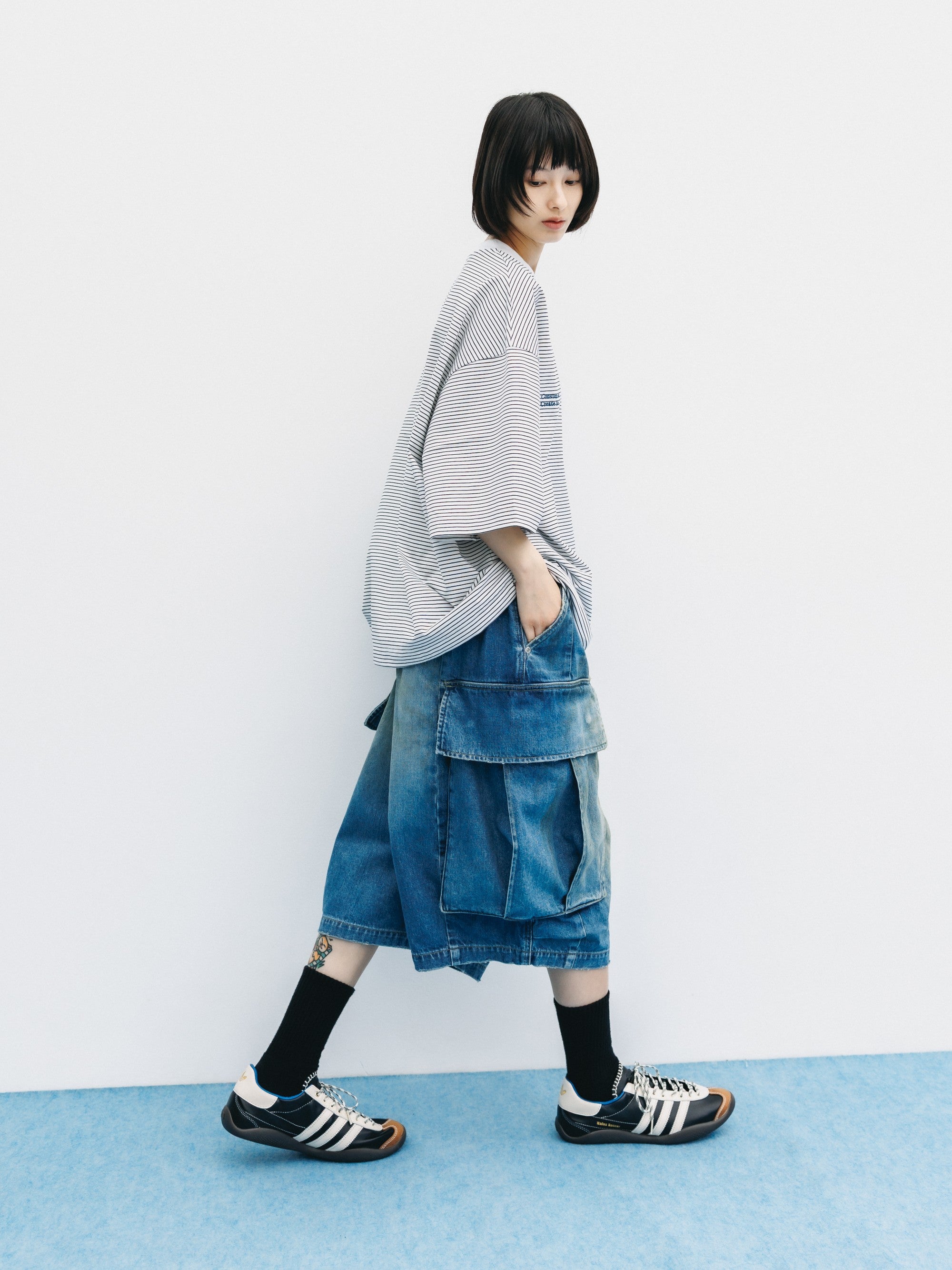 【6.13 SAT 20:00- IN STOCK】"C×CONCEPT" STRIPED S/S T-SHIRT WITH DRAWSTRINGS (WHITE×BLACK)