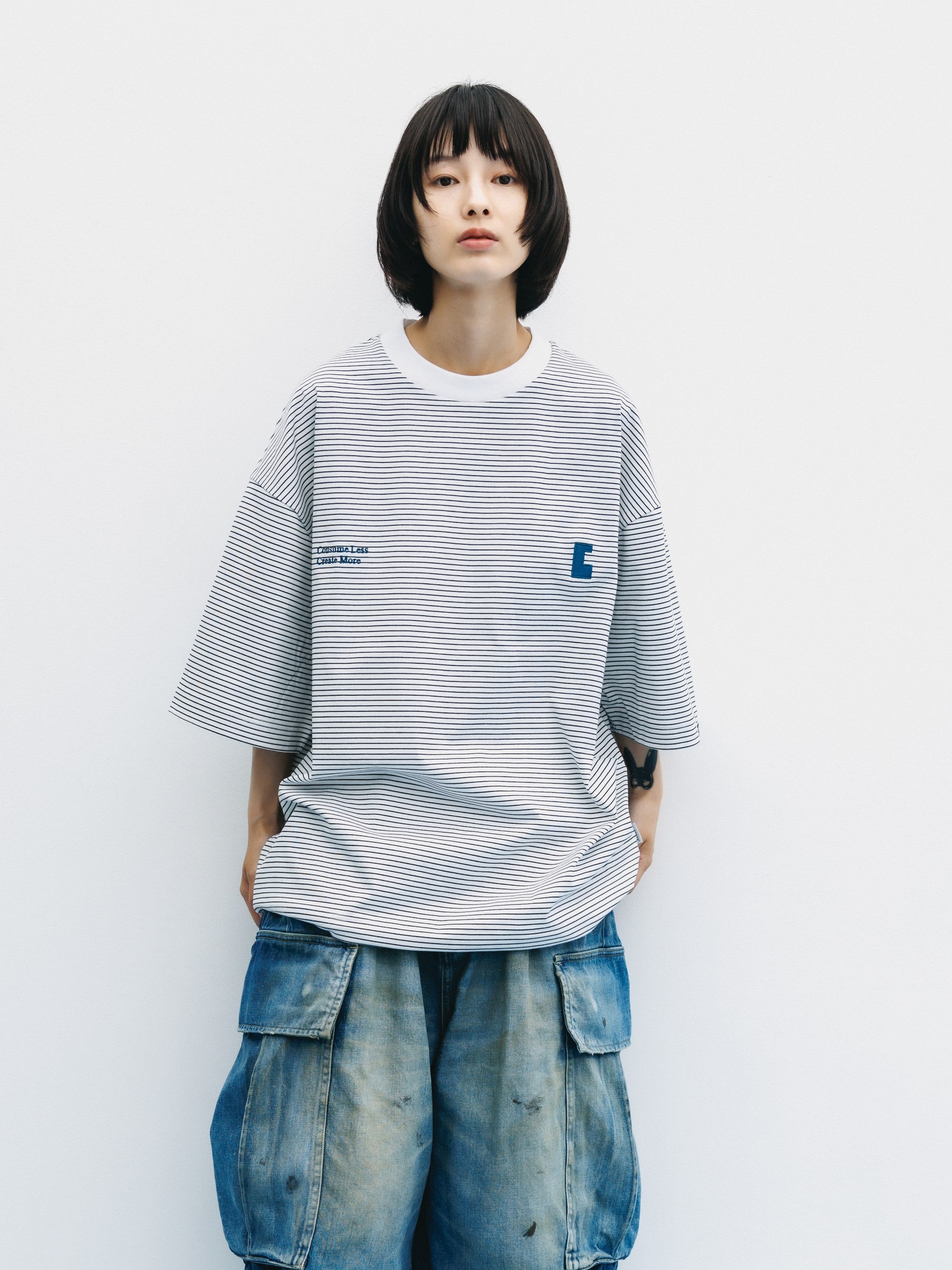 【6.13 SAT 20:00- IN STOCK】"C×CONCEPT" STRIPED S/S T-SHIRT WITH DRAWSTRINGS (WHITE×BLACK)