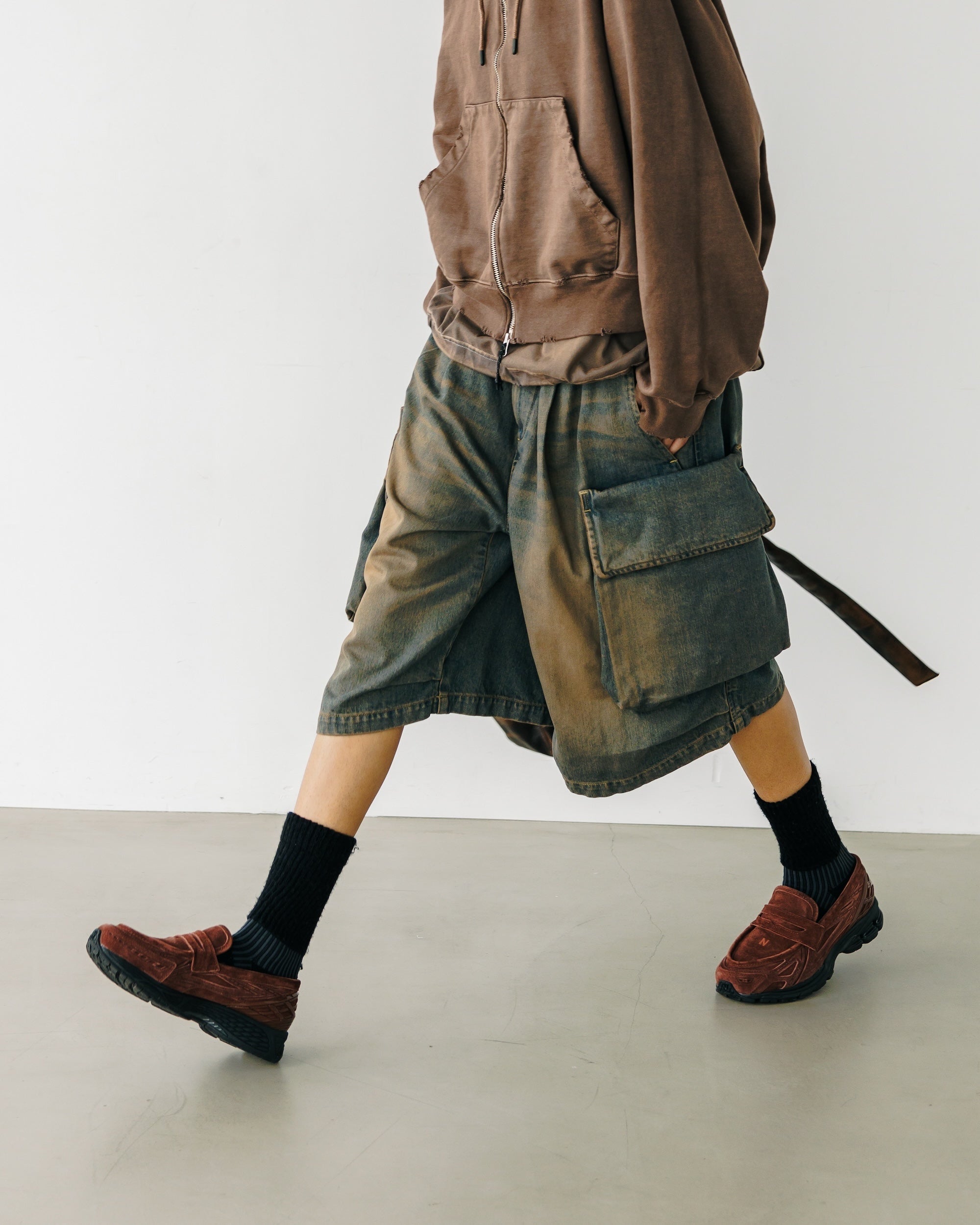【3.18 WED 20:00- IN STOCK】VINTAGE DYED SELVEDGE DENIM CITY MILITARY HALF PANTS (VINTAGE BROWN)