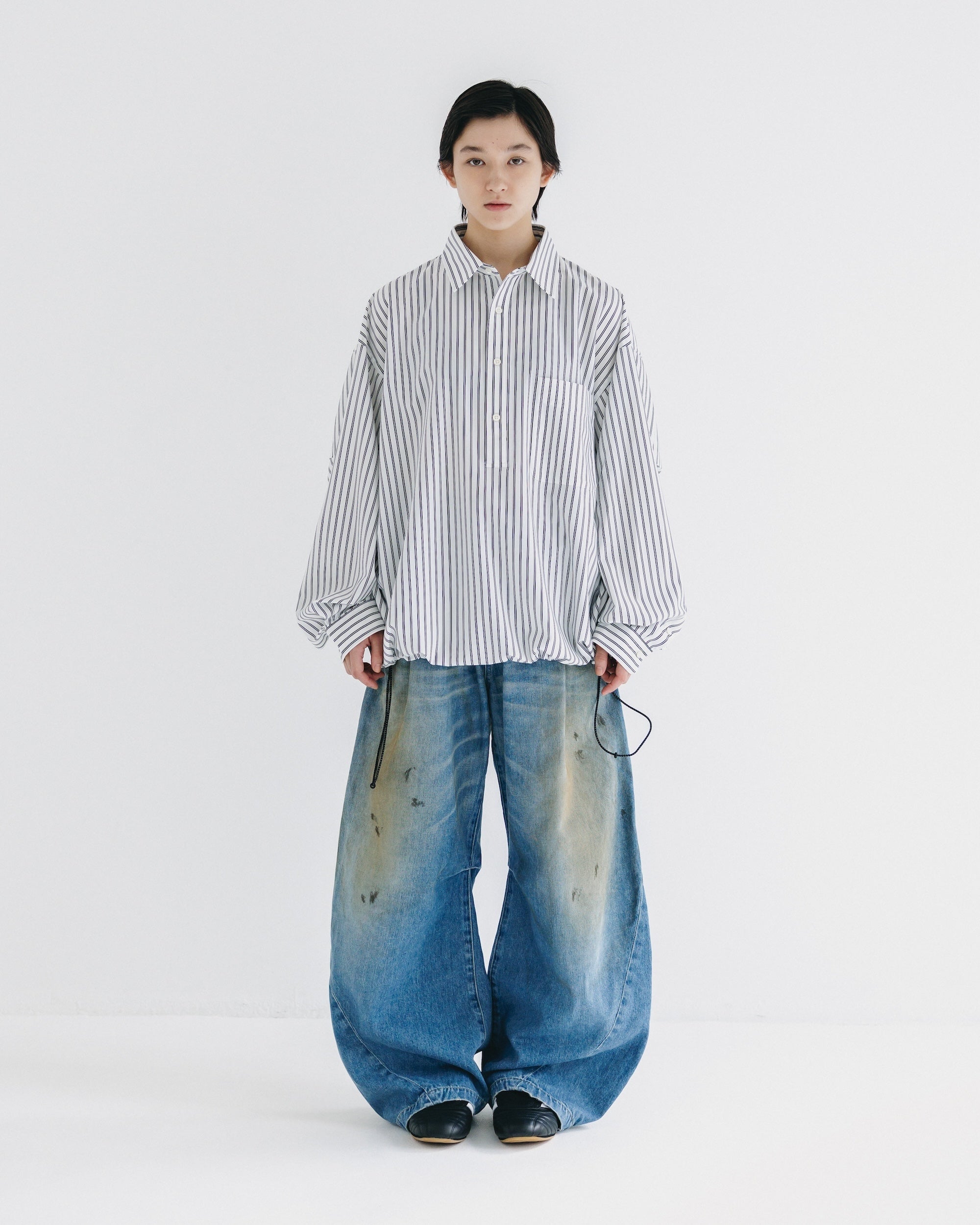 【10.1 WED 20:00- IN STOCK】VINTAGE DYED SELVEDGE DENIM BARREL LEG PANTS (VINTAGE LIGHT INDIGO)