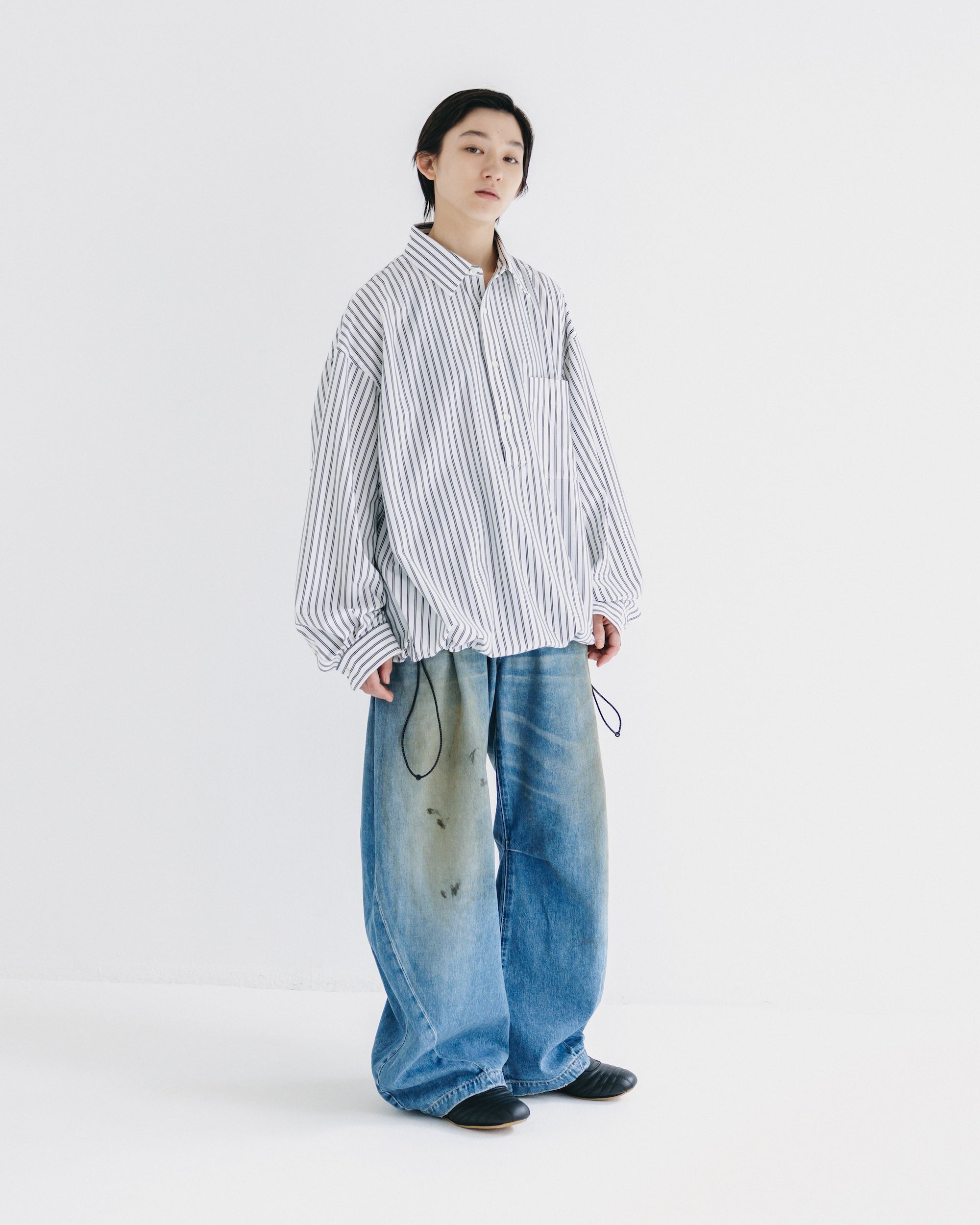 【10.1 WED 20:00- IN STOCK】VINTAGE DYED SELVEDGE DENIM BARREL LEG PANTS (VINTAGE LIGHT INDIGO)