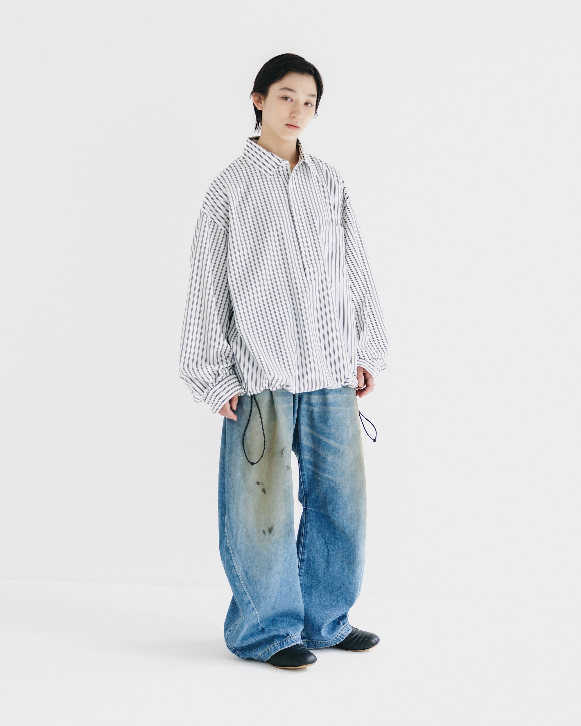 【10.1 WED 20:00- IN STOCK】VINTAGE DYED SELVEDGE DENIM BARREL LEG PANTS (VINTAGE LIGHT INDIGO)