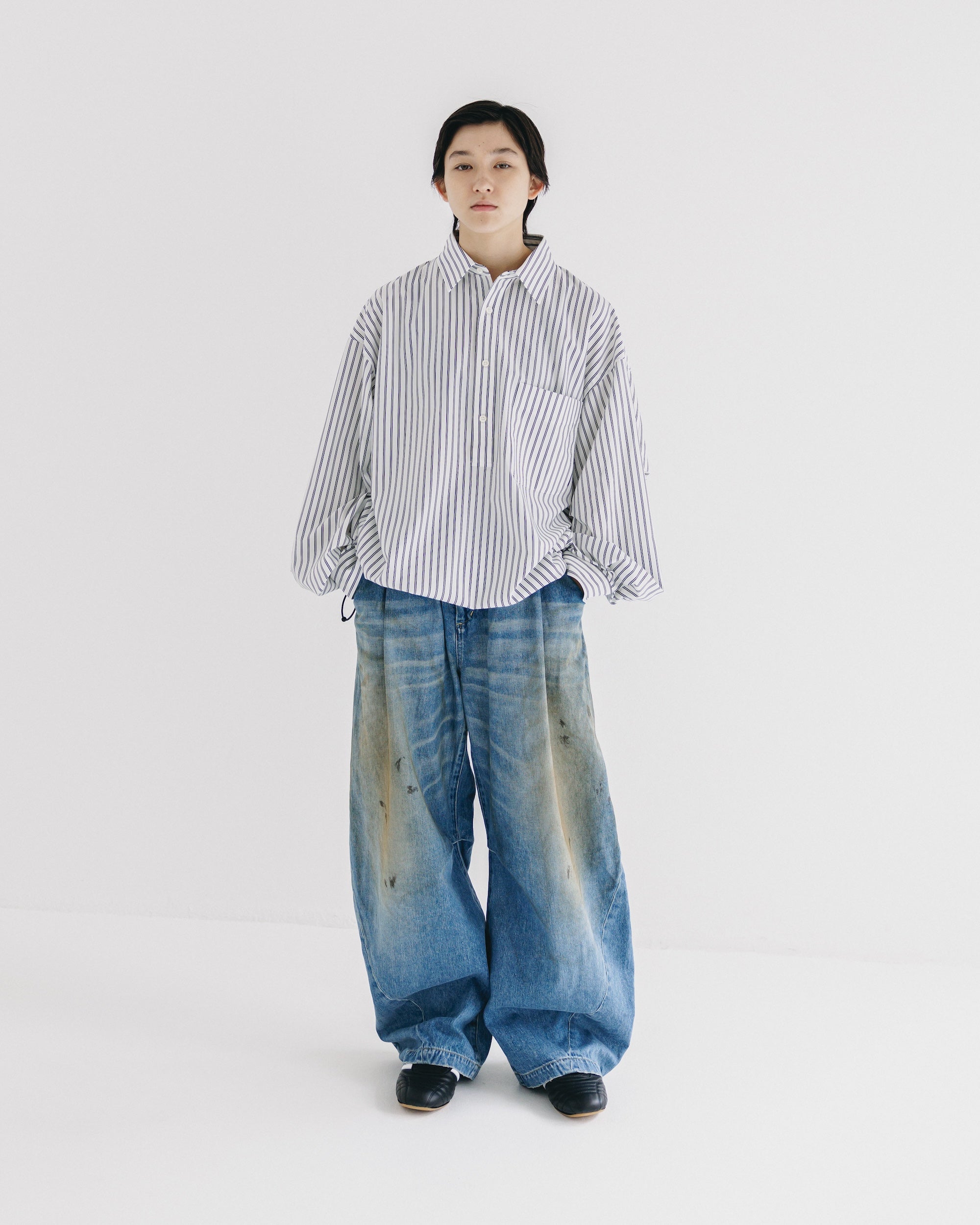 【10.1 WED 20:00- IN STOCK】VINTAGE DYED SELVEDGE DENIM BARREL LEG PANTS (VINTAGE LIGHT INDIGO)