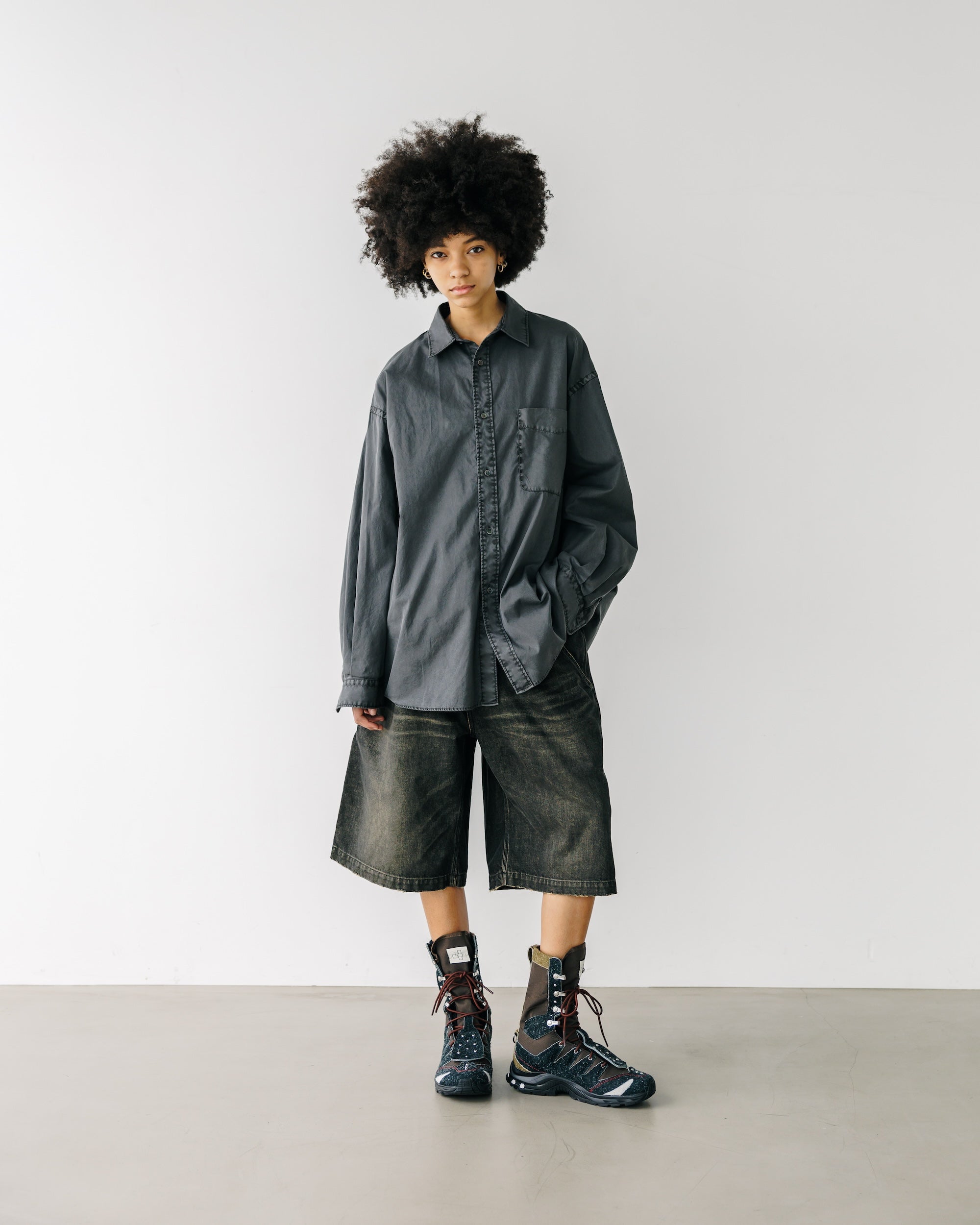 VINTAGE DYED SELVEDGE DENIM WORKER HALF PANTS (VINTAGE BLACK)