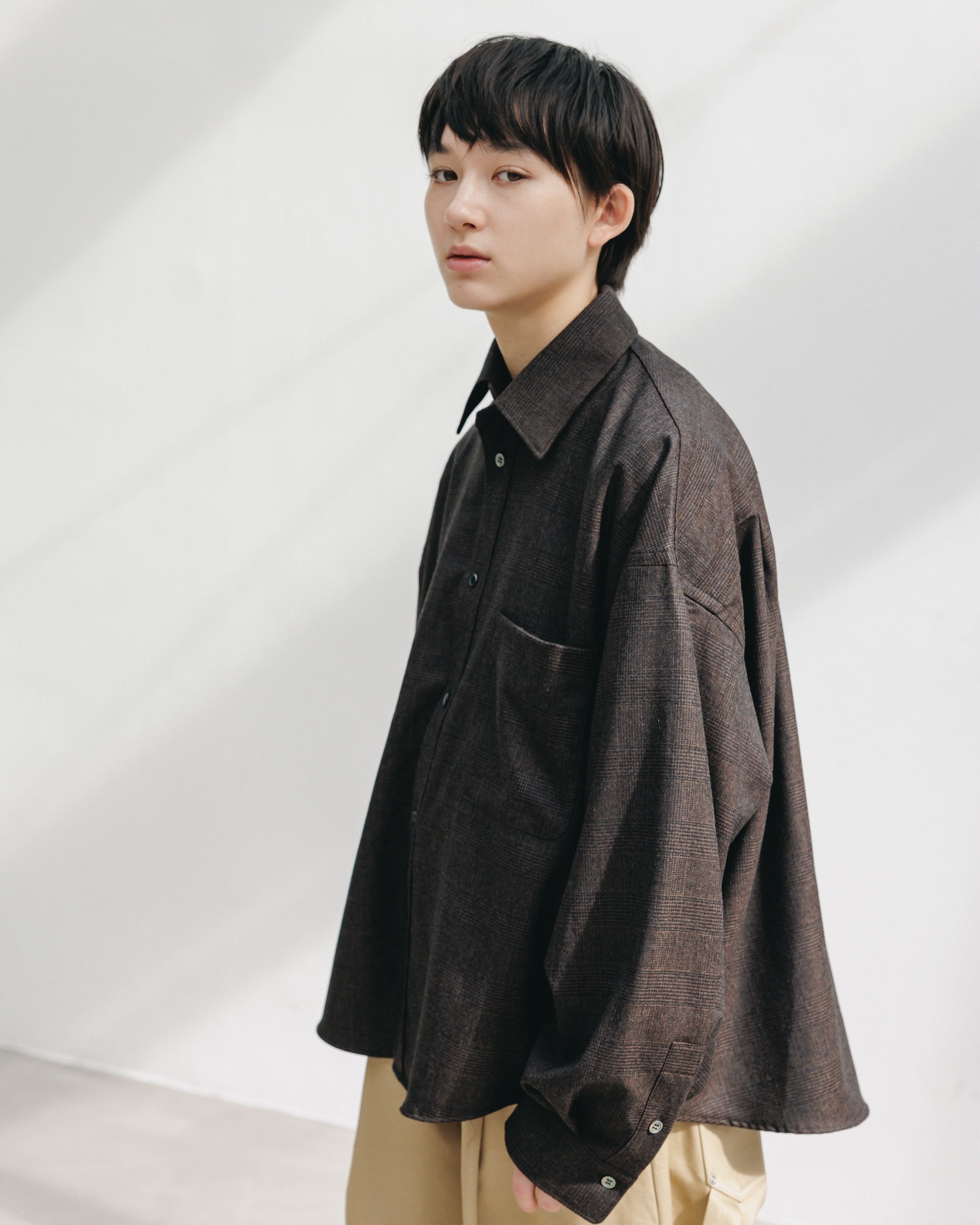 【11.12 WED 20:00- IN STOCK】LIGHT FLANNEL CROPPED LENGTH EVERYDAY L/S SHIRT (GLEN CHECK(BROWN))