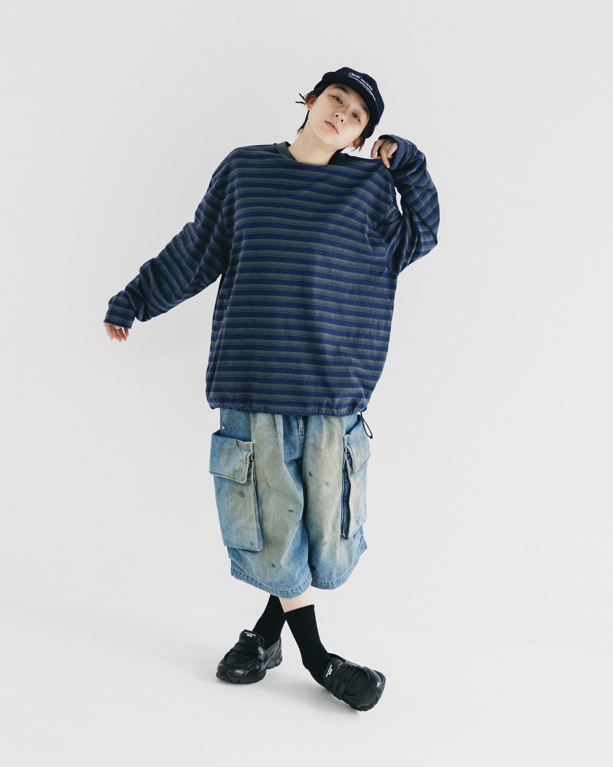 【10.8 WED 20:00- IN STOCK】PIGMENT DYED MULTI STRIPED L/S T-SHIRT WITH DRAWSTRINGS