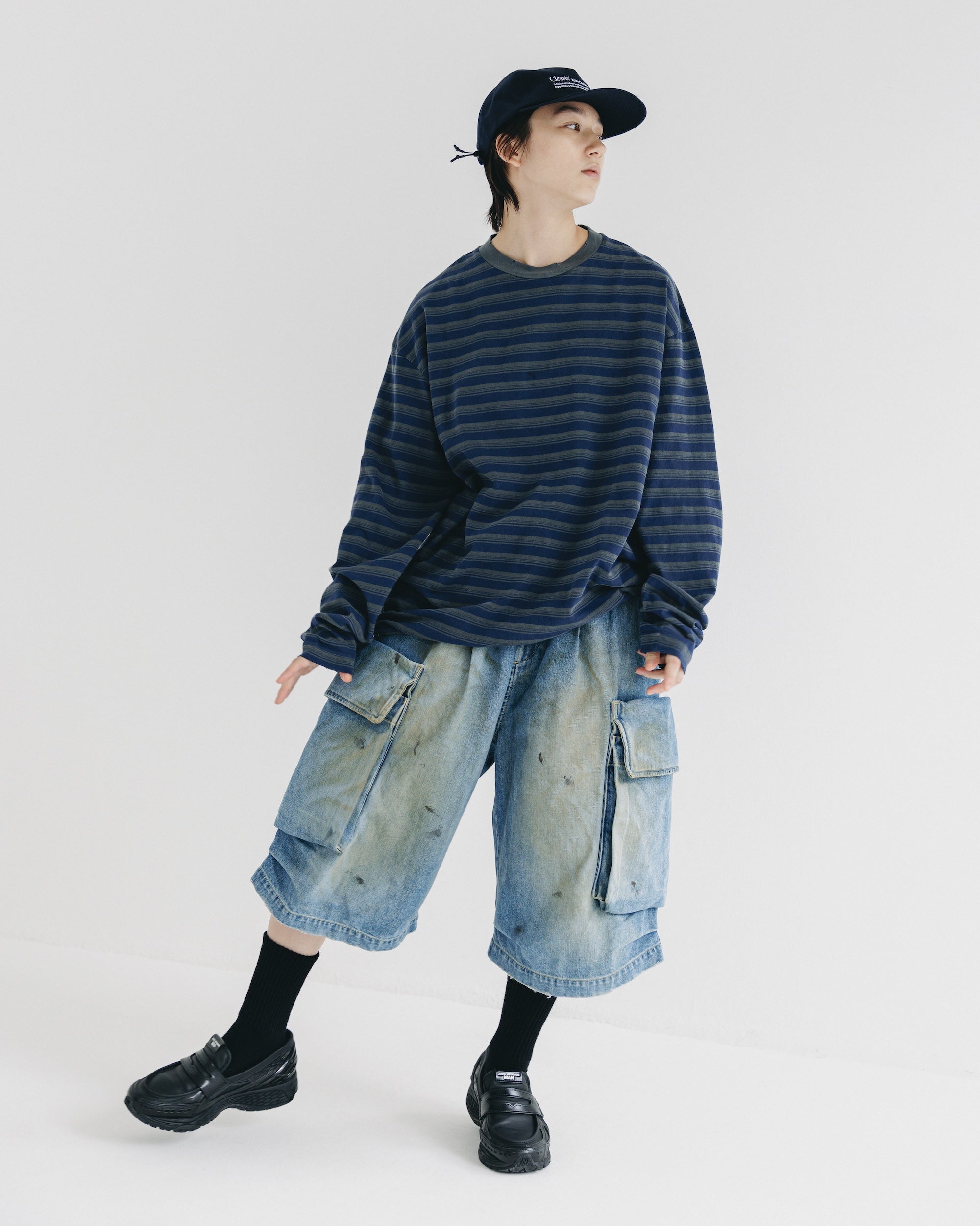 【10.8 WED 20:00- IN STOCK】PIGMENT DYED MULTI STRIPED L/S T-SHIRT WITH DRAWSTRINGS
