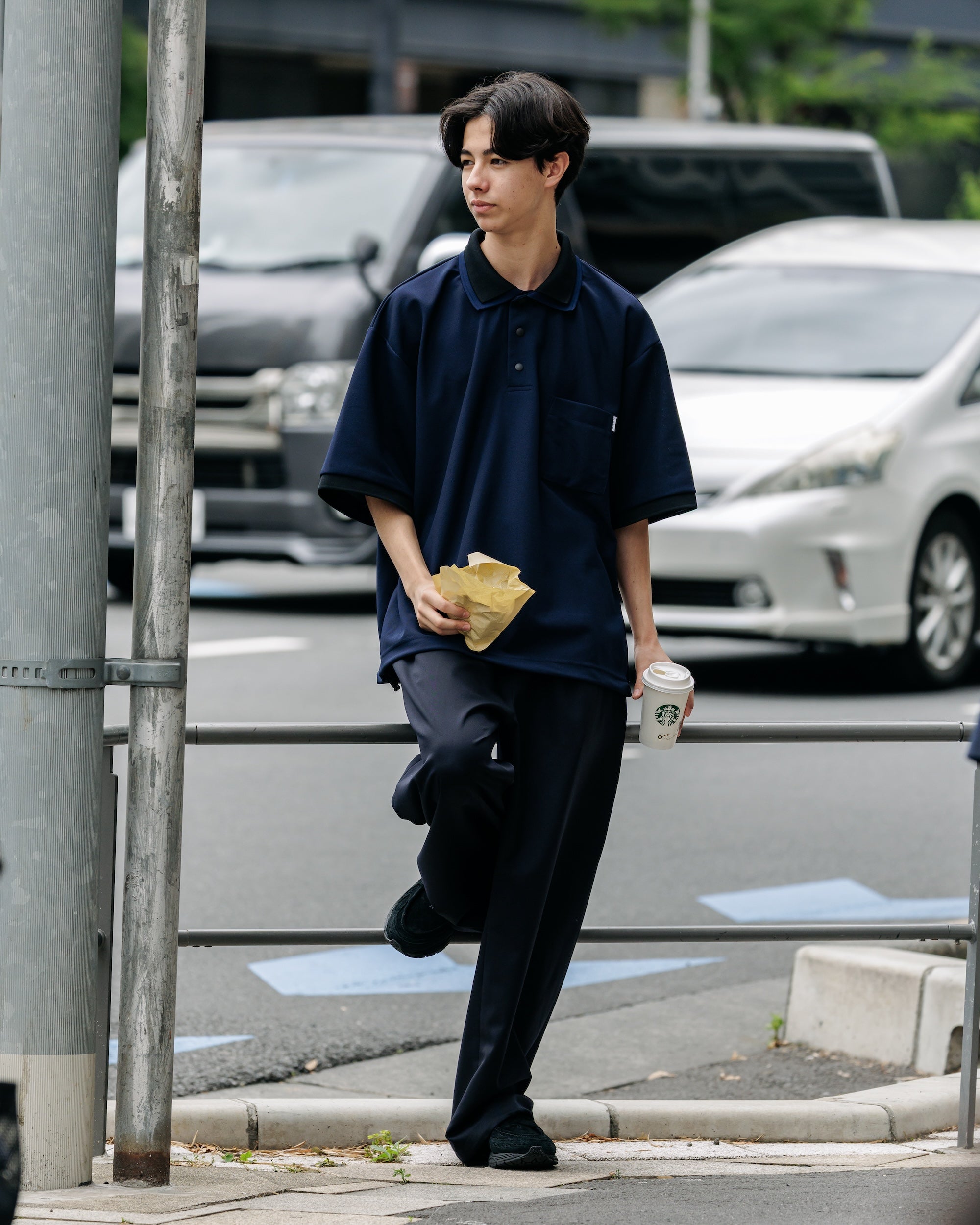 【8.20 WED 20:00- IN STOCK】ACTIVE CITY S/S DOUBLE COLLAR POLO SHIRT (NAVY×BLACK)