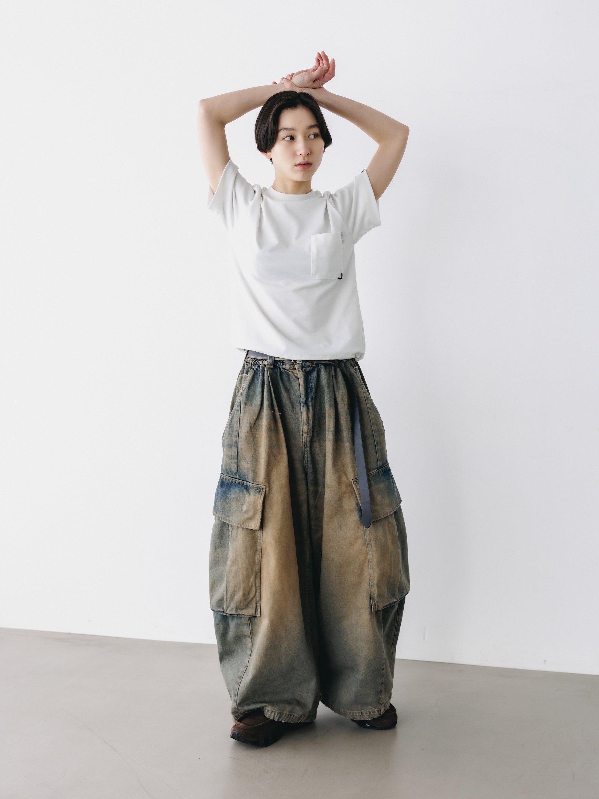 VINTAGE DYED SELVEDGE DENIM CITY MEGA POCKET BALLOON CARGO PANTS (VINTAGE BEIGE)