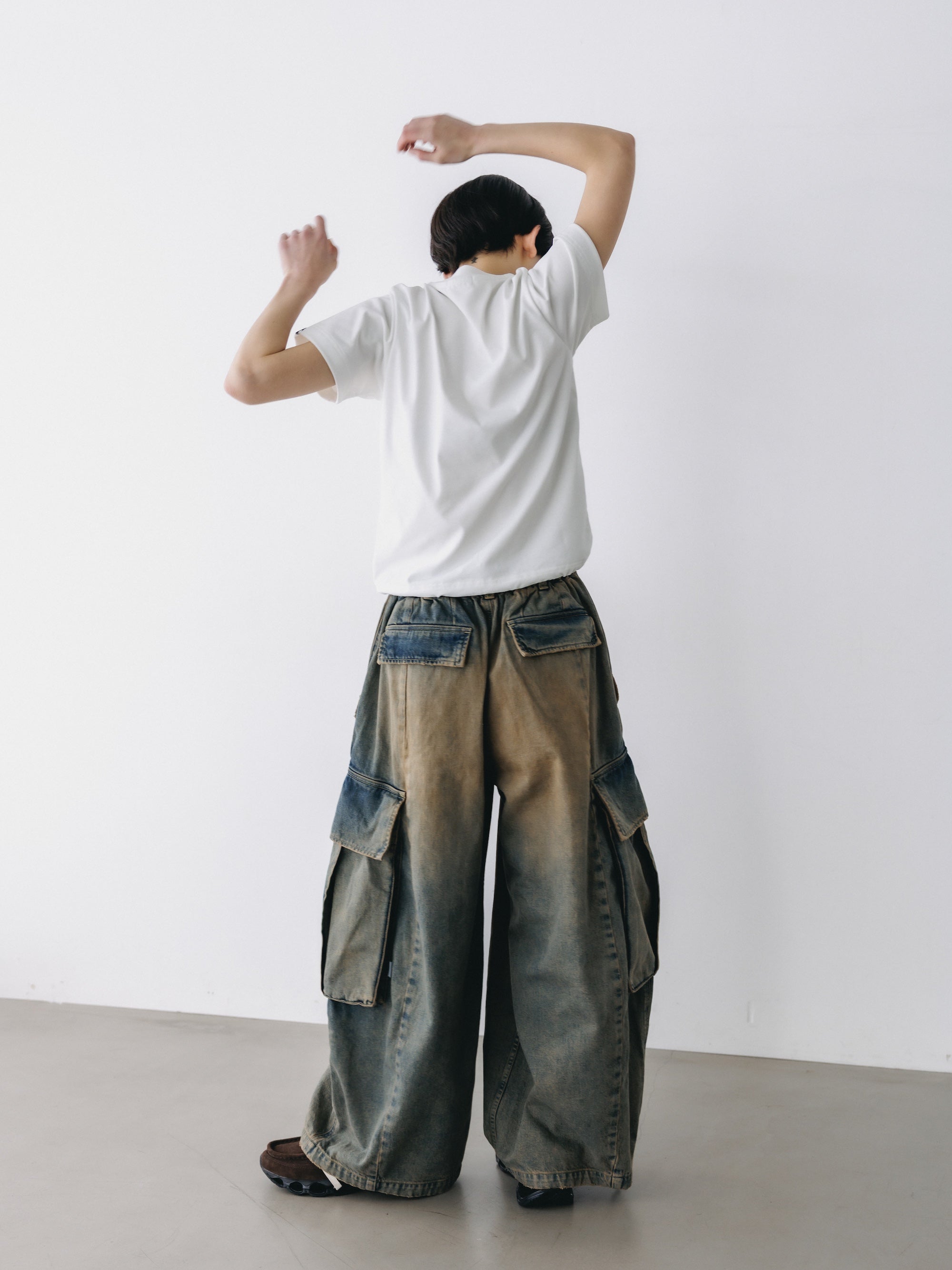 VINTAGE DYED SELVEDGE DENIM CITY MEGA POCKET BALLOON CARGO PANTS (VINTAGE BEIGE)