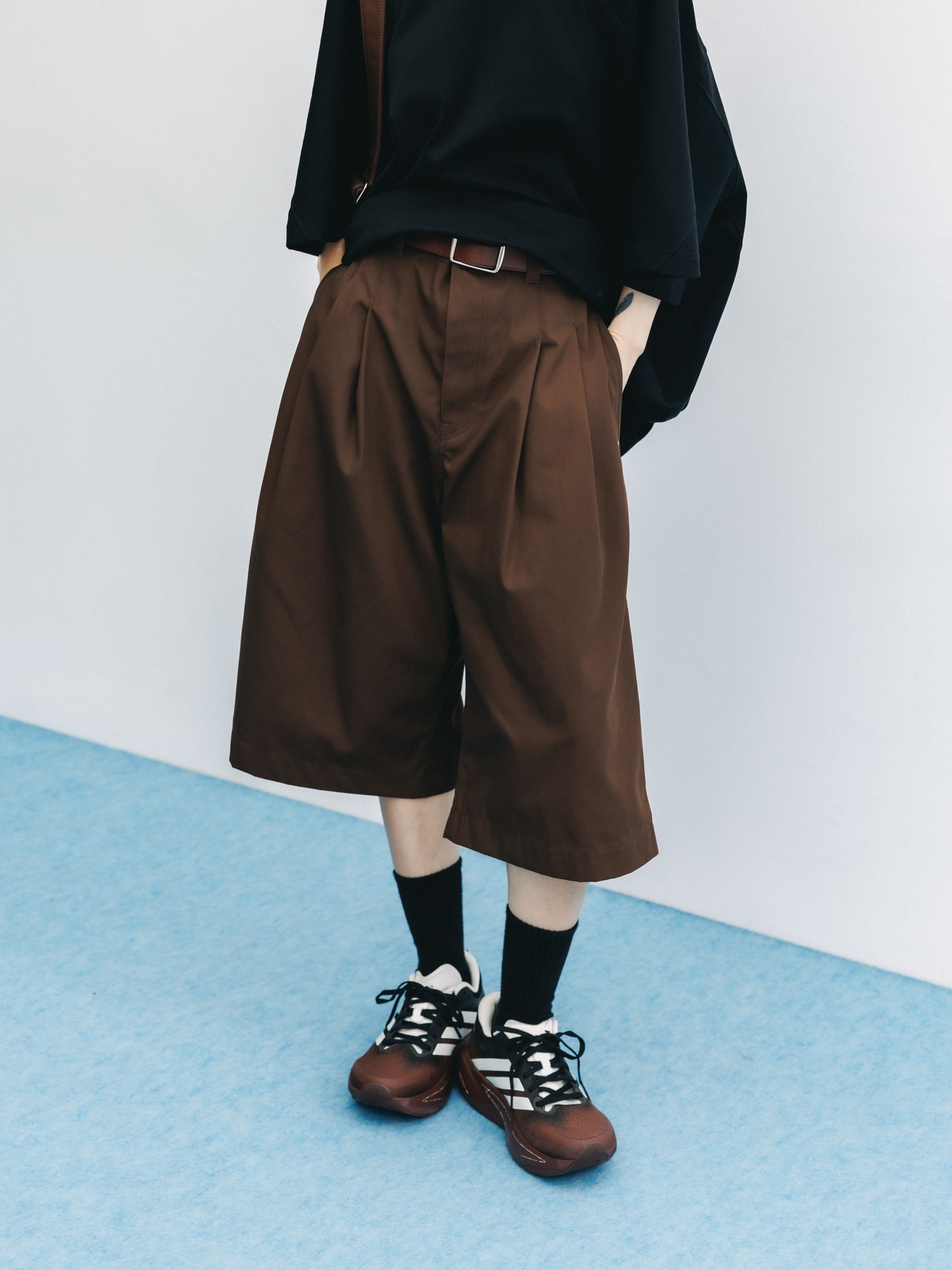 【6.6 SAT 20:00- IN STOCK】T/C GABARDINE CITY BAGGY HALF PANTS (BROWN)