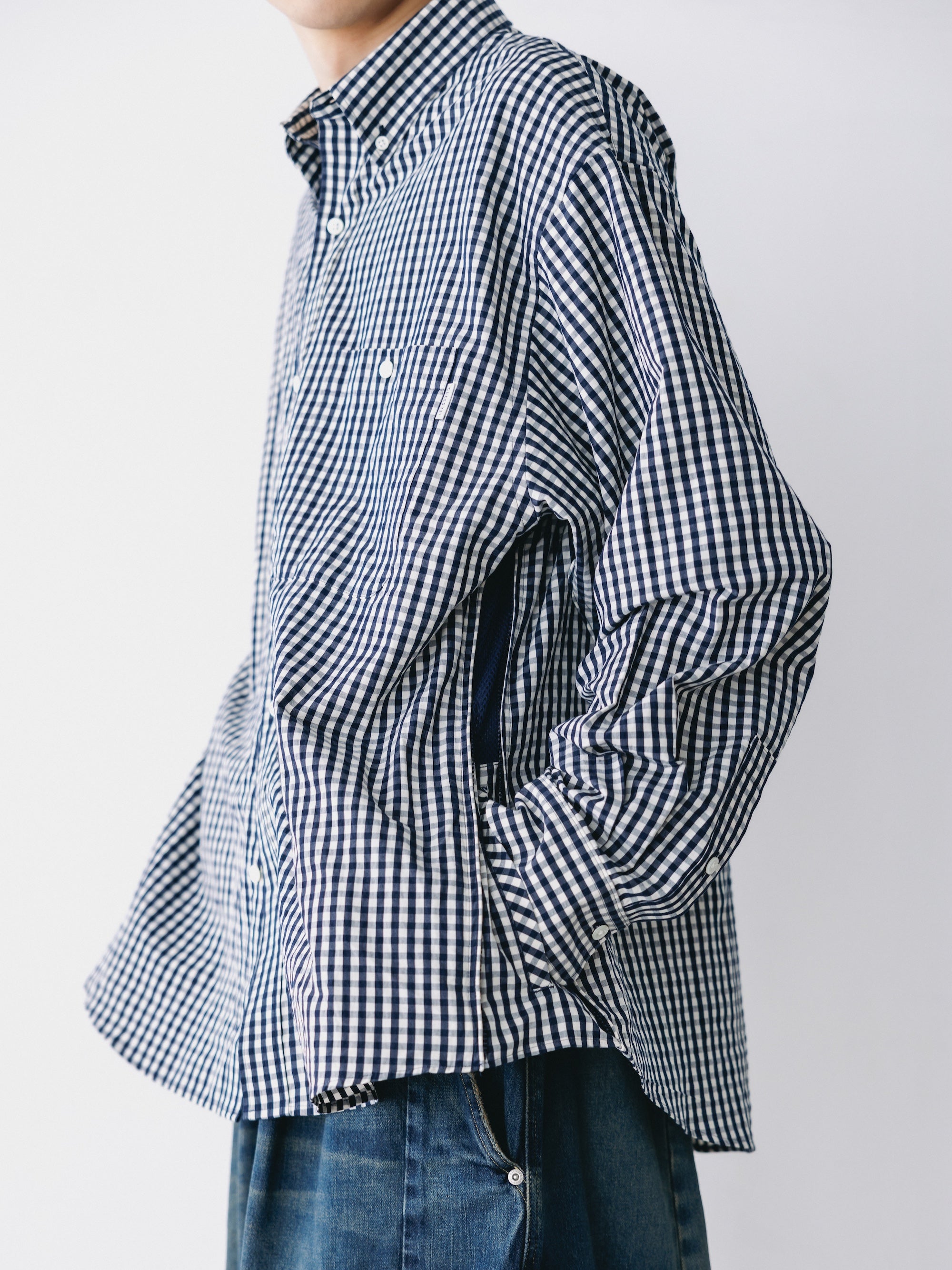 GINGHAM CHECK VENTILATION L/S B.D.SHIRT (NAVY×ECRU)