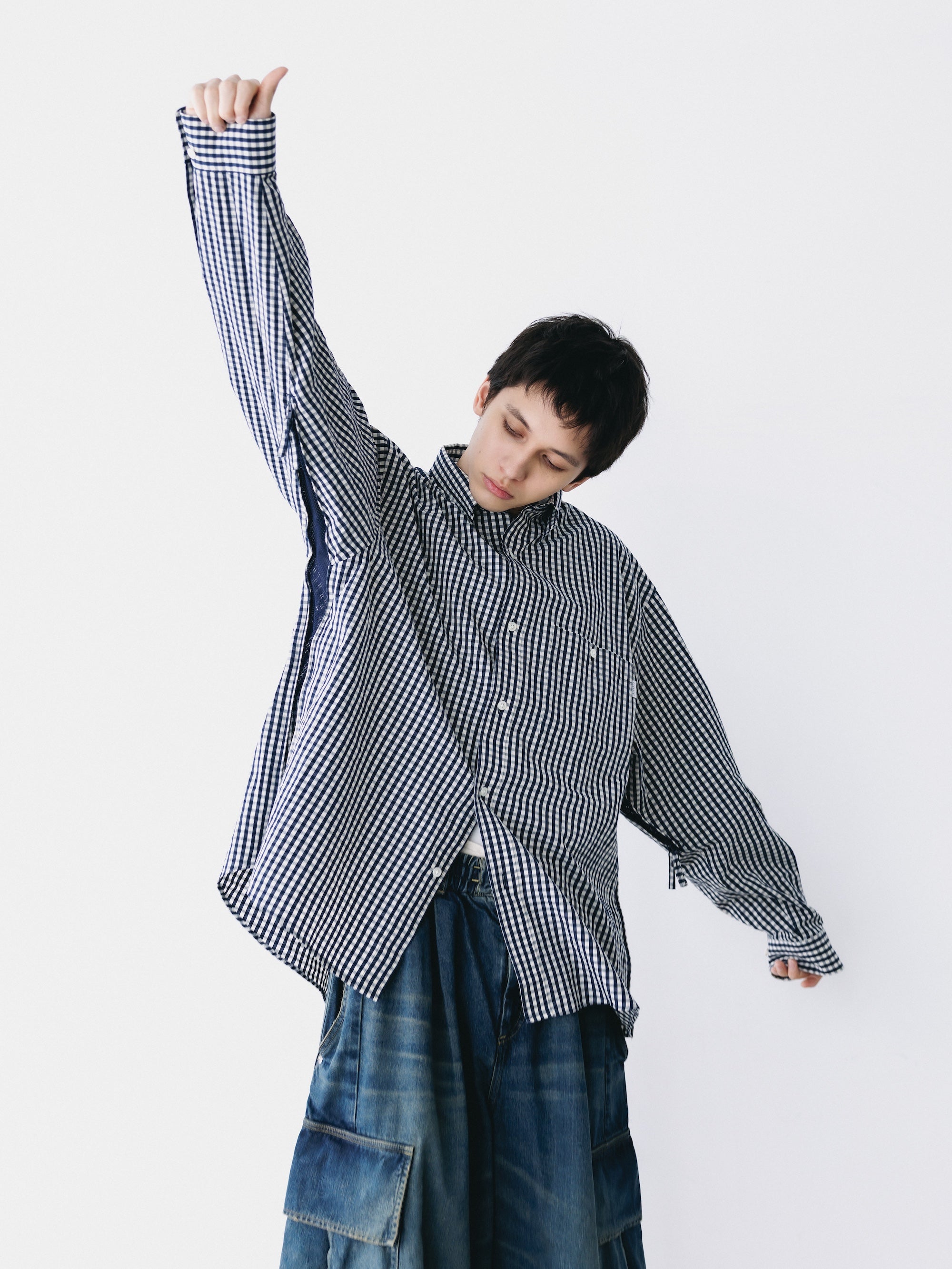 GINGHAM CHECK VENTILATION L/S B.D.SHIRT (NAVY×ECRU)