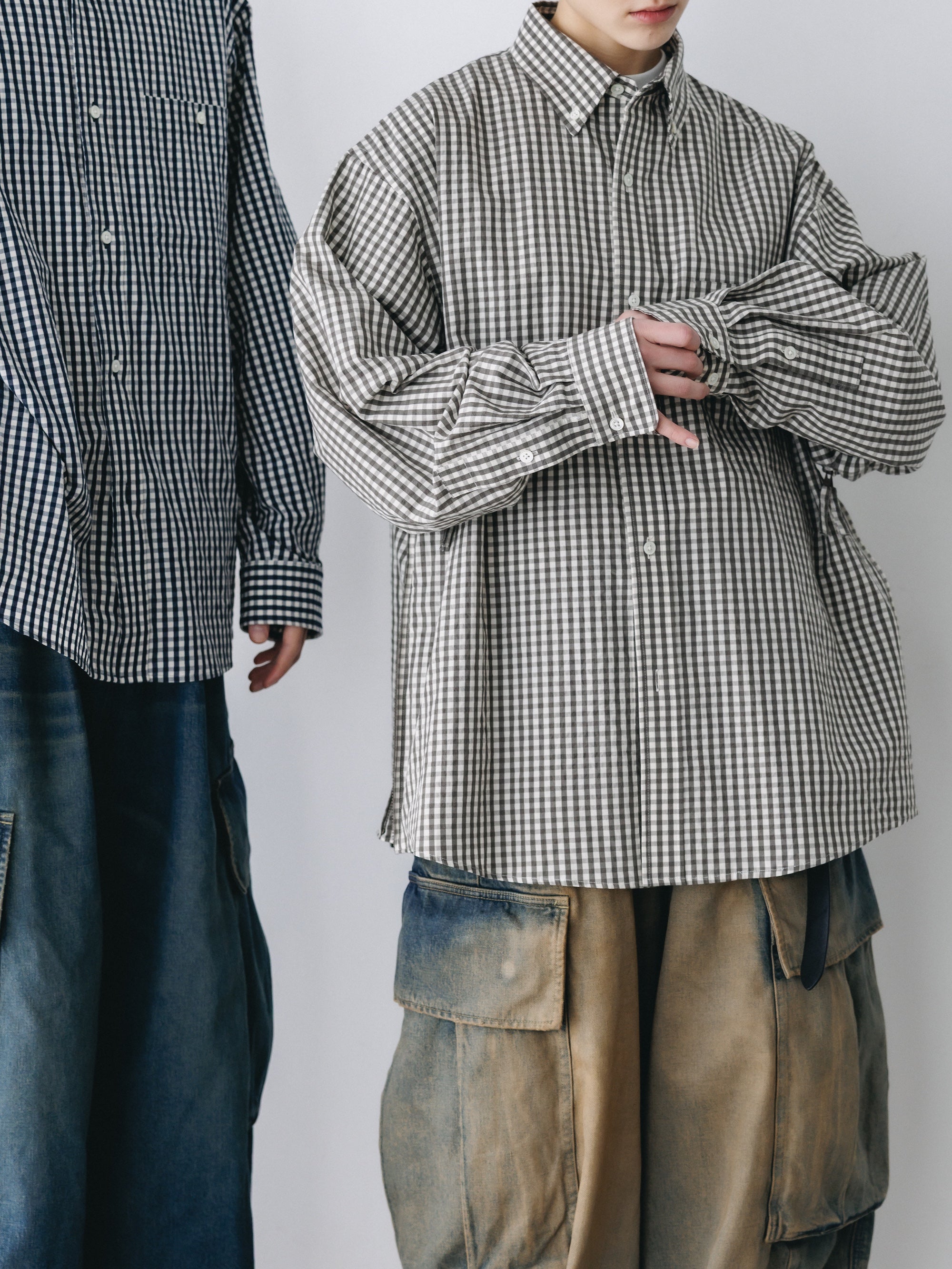 GINGHAM CHECK VENTILATION L/S B.D.SHIRT (KHAKI×ECRU)