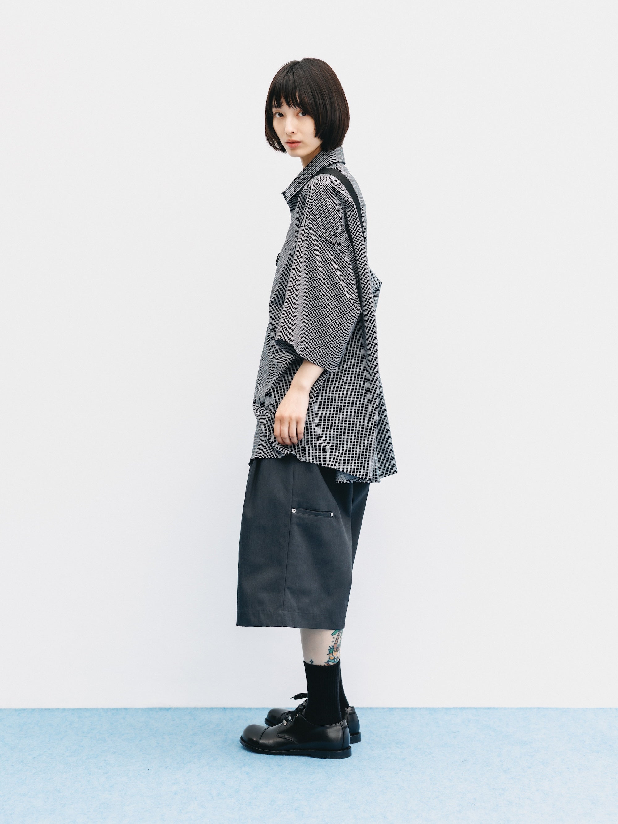 【6.17 WED 20:00- IN STOCK】MINI GRID CHECK 36G KNIT EVERYDAY S/S SHIRT (BLACK×WHITE)