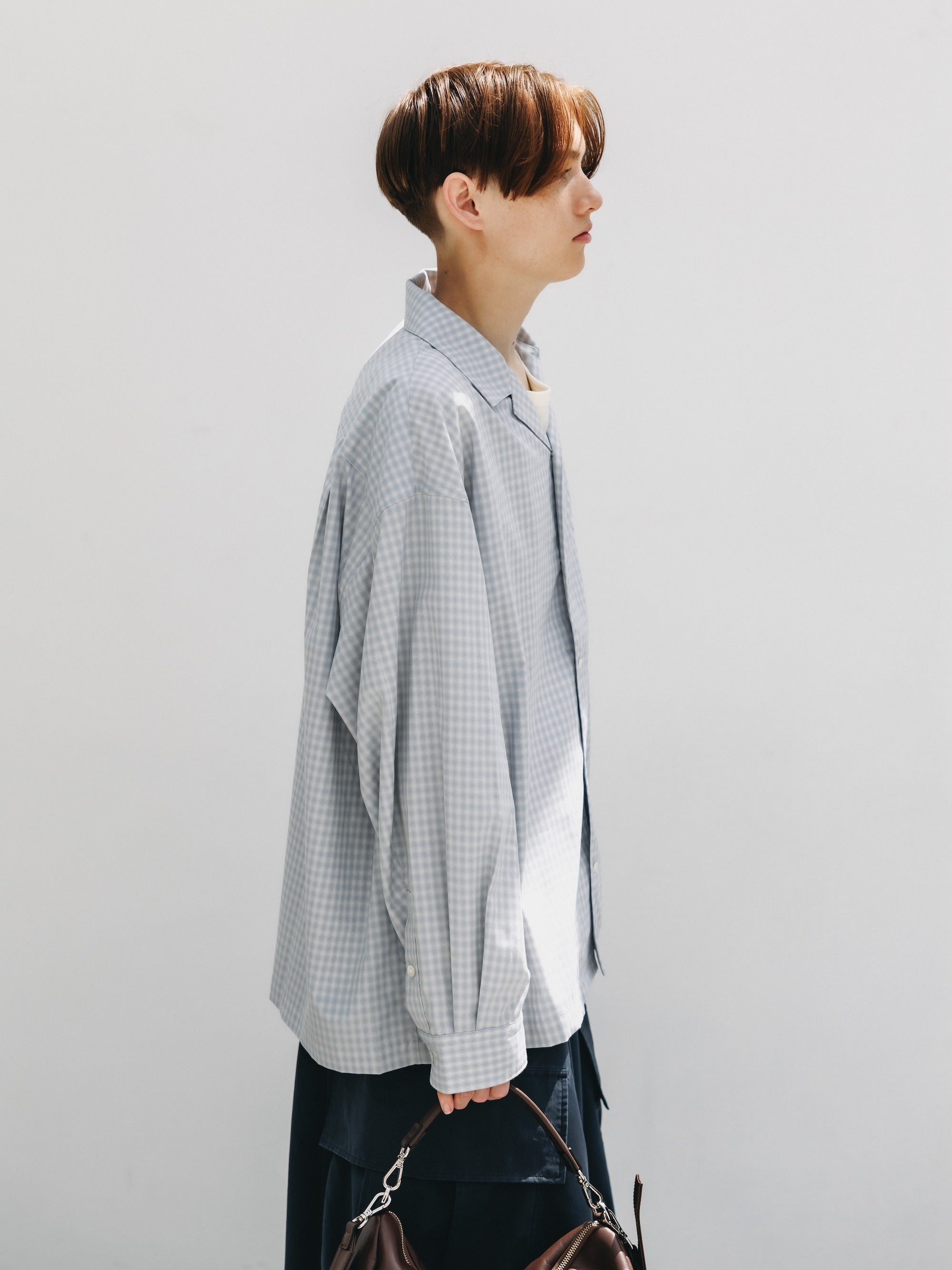 【5.20 WED 20:00- IN STOCK】MINI OMBRE CHECK OPEN COLLAR L/S SHIRT (LIGHT GRAY)